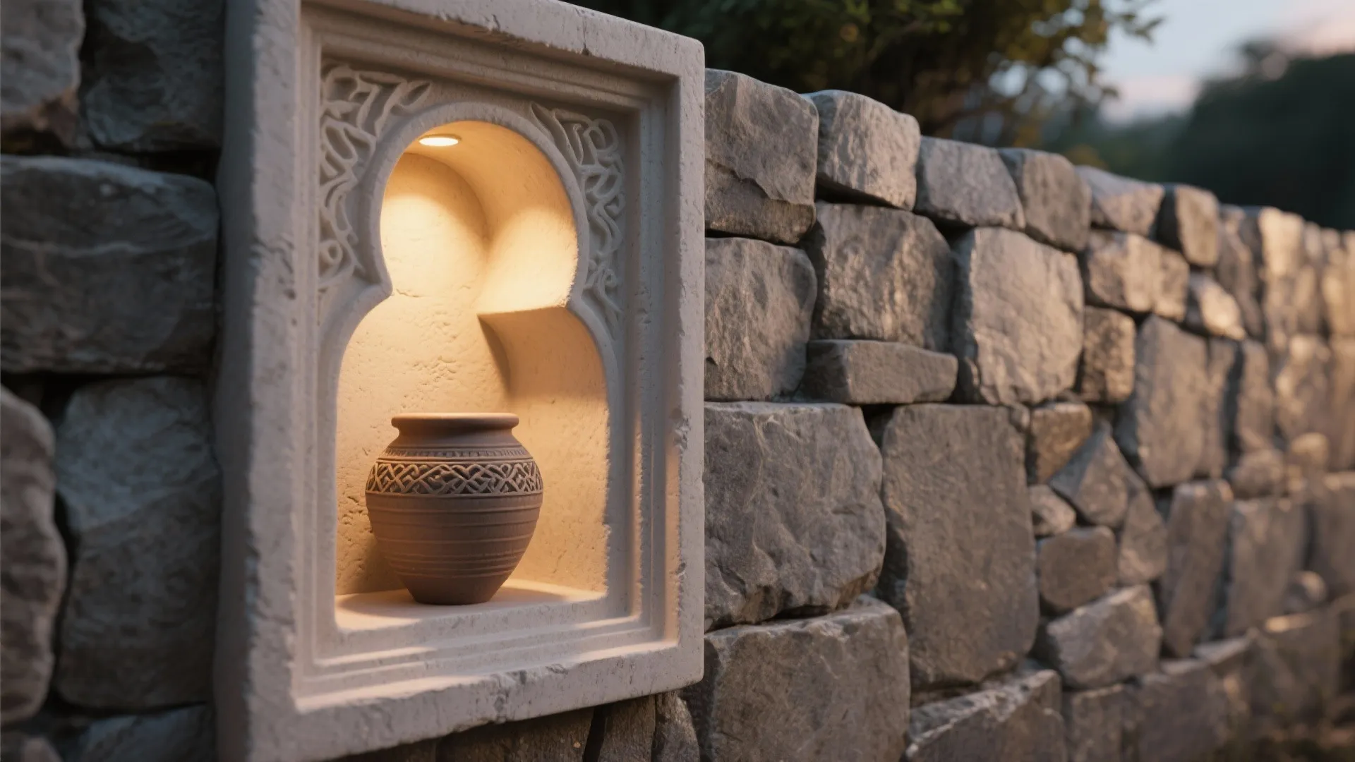 Stone wall with decorative carved niche featuring a warm light fixture and brown clay pot