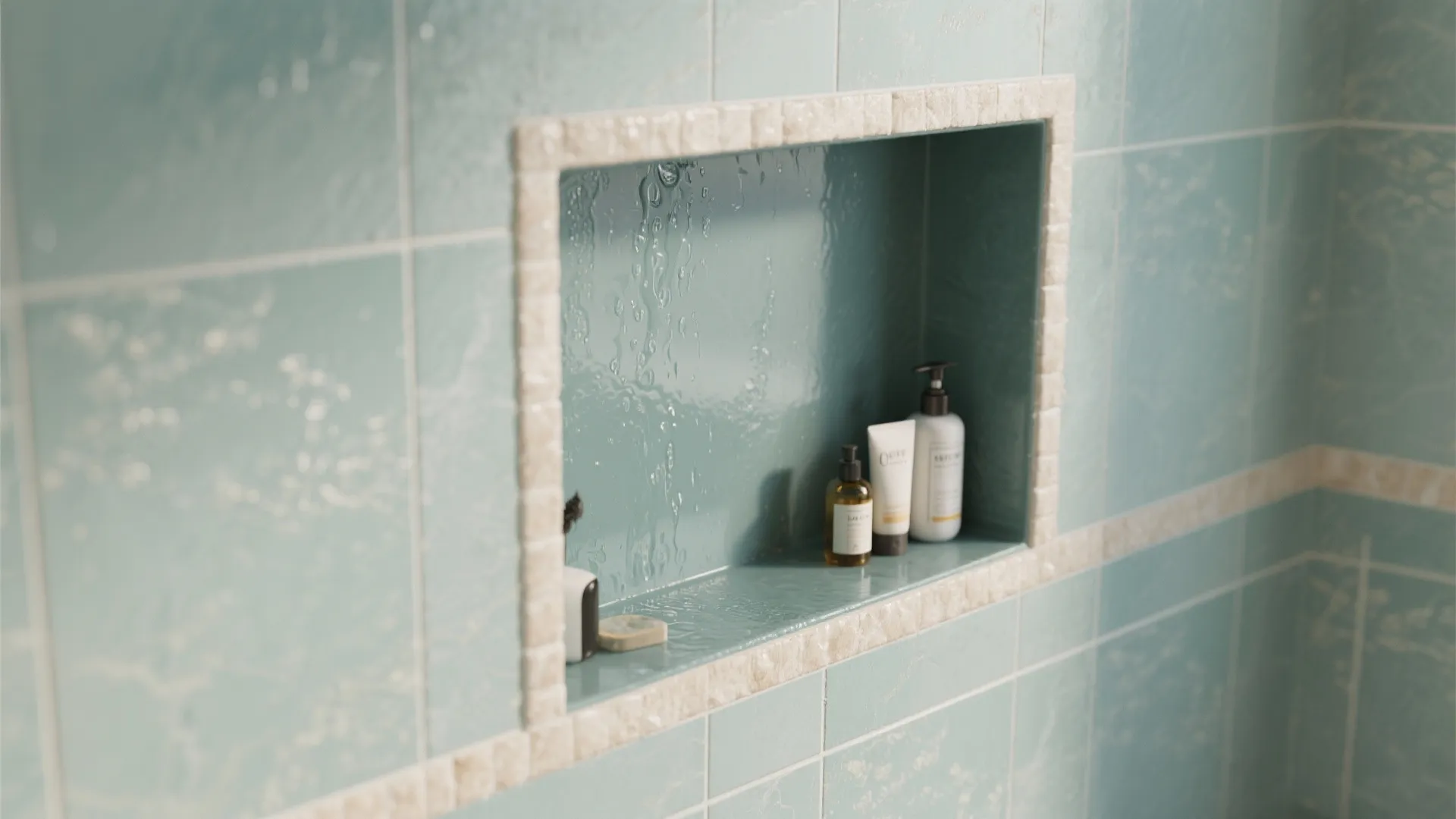 Shower wall with blue tiles and built in shelf containing soap bottles and white wall frame