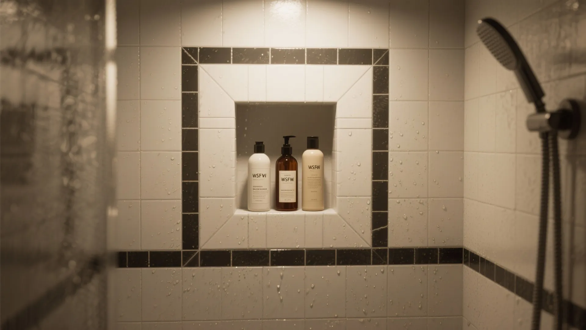 Shower niche tiled with white tile and dark grout, standing out as an accent