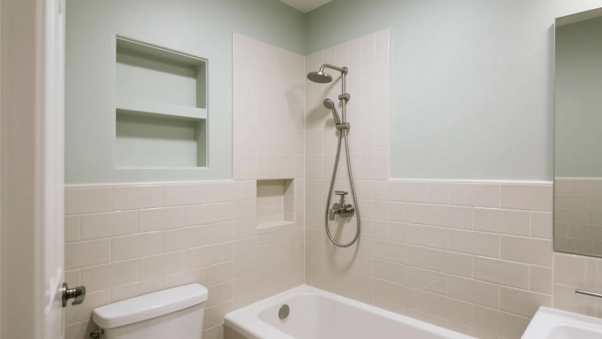 Bathroom with white bathtub, shower head, wall niche, white subway tiles, and light green walls