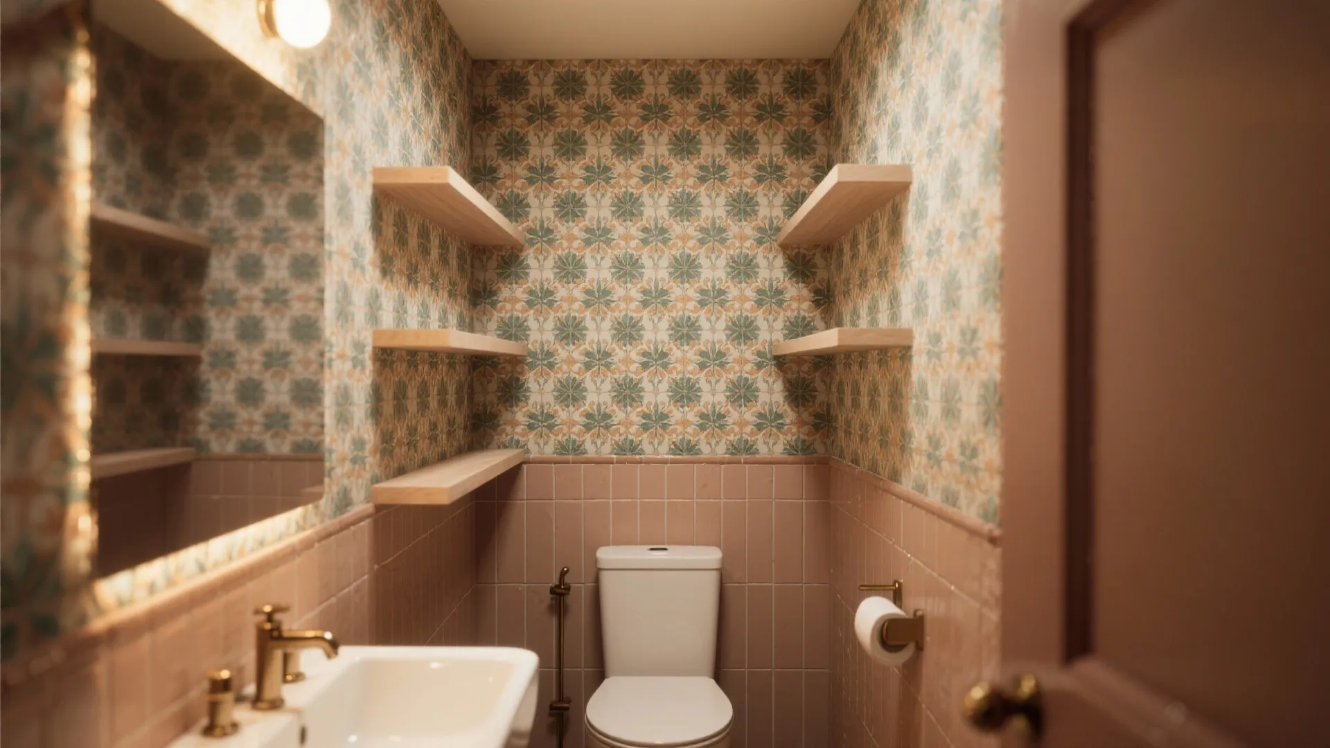 Small bathroom with patterned wallpaper wooden floating shelves pink wall tiles white toilet and mirror