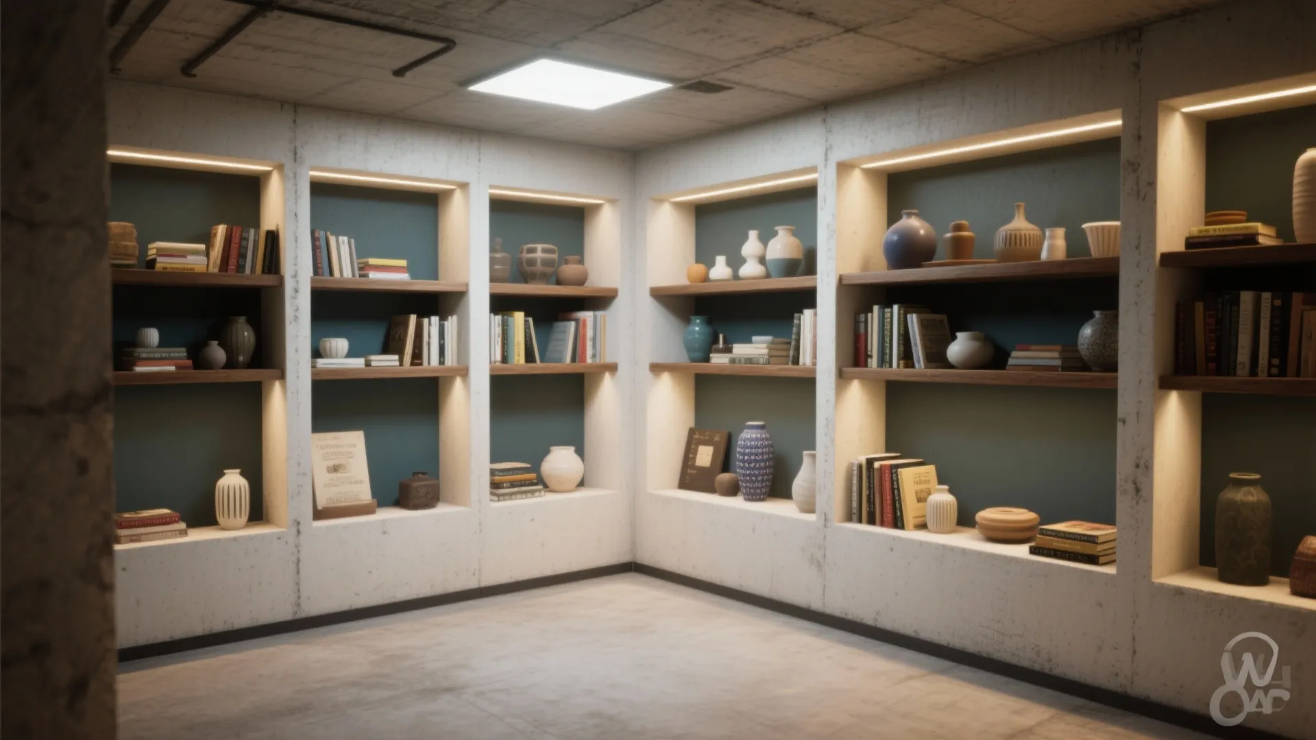 Modern concrete wall with recessed shelving featuring warm light and a collection of ceramic vases