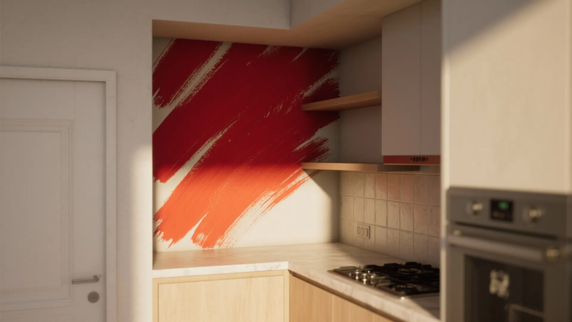 Small recessed nook painted with contrasting directional brushwork as a focal point in a compact kitchen.