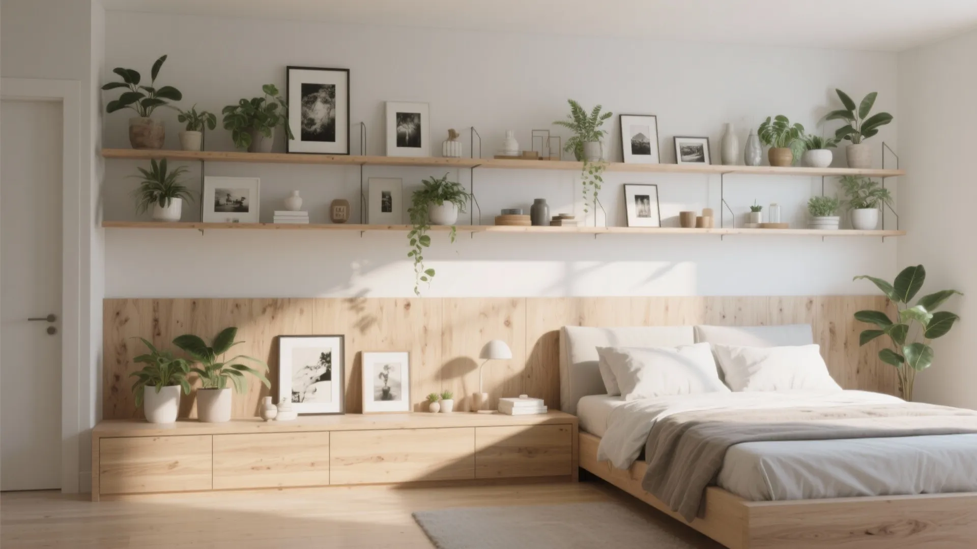 5. Accent white oak shelving wall