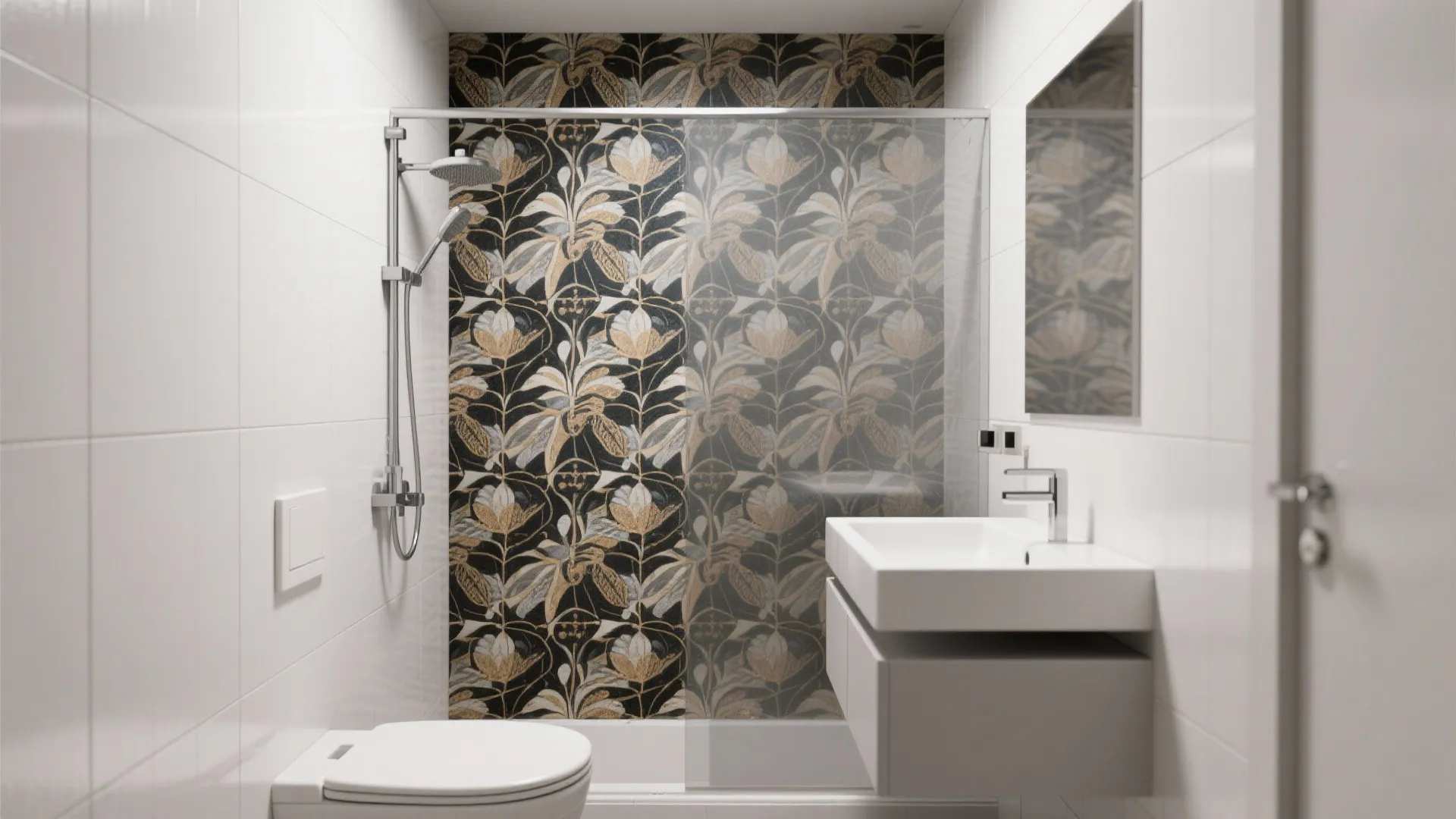 Modern bathroom featuring white wall tiles floral pattern wallpaper walk in shower sink and toilet