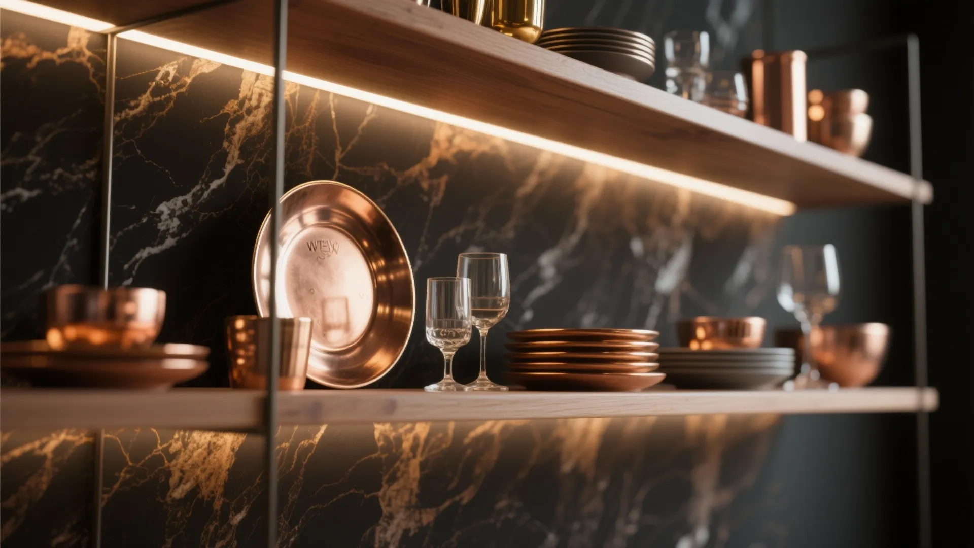 Wooden open shelves with warm lighting holding plates and glasses against a black marble wall