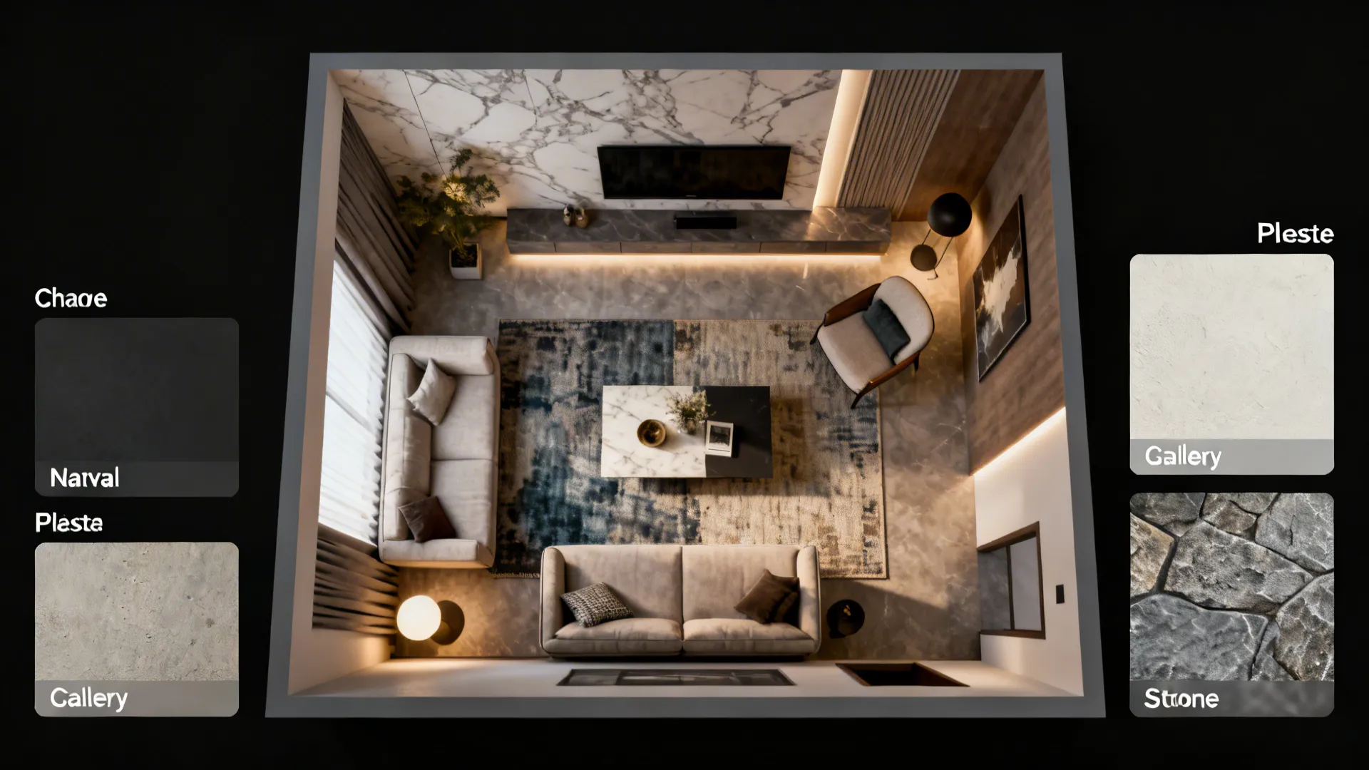 Top-down 3D mockup showing different accent wall options and furniture layouts