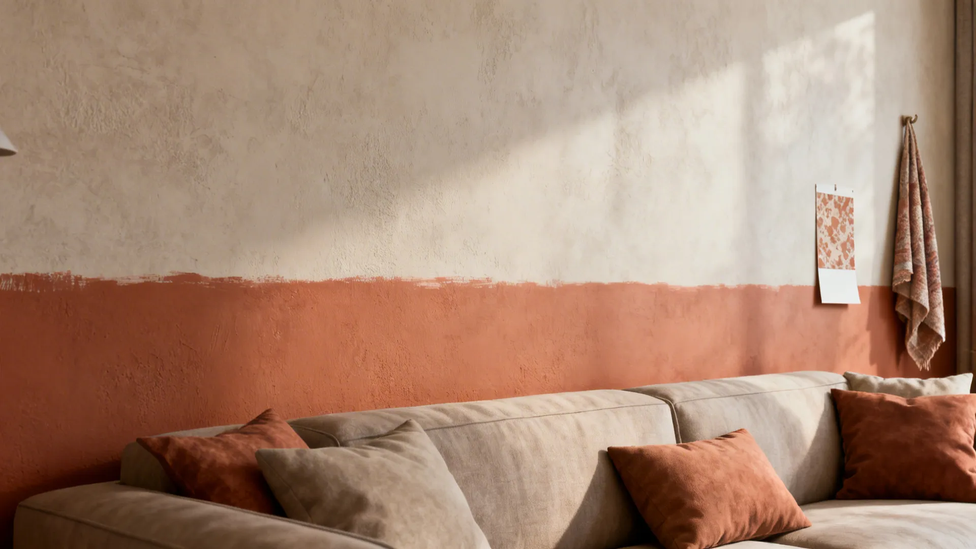 Terracotta horizontal paint band behind a sofa demonstrating a warm accent on a long living room wall.