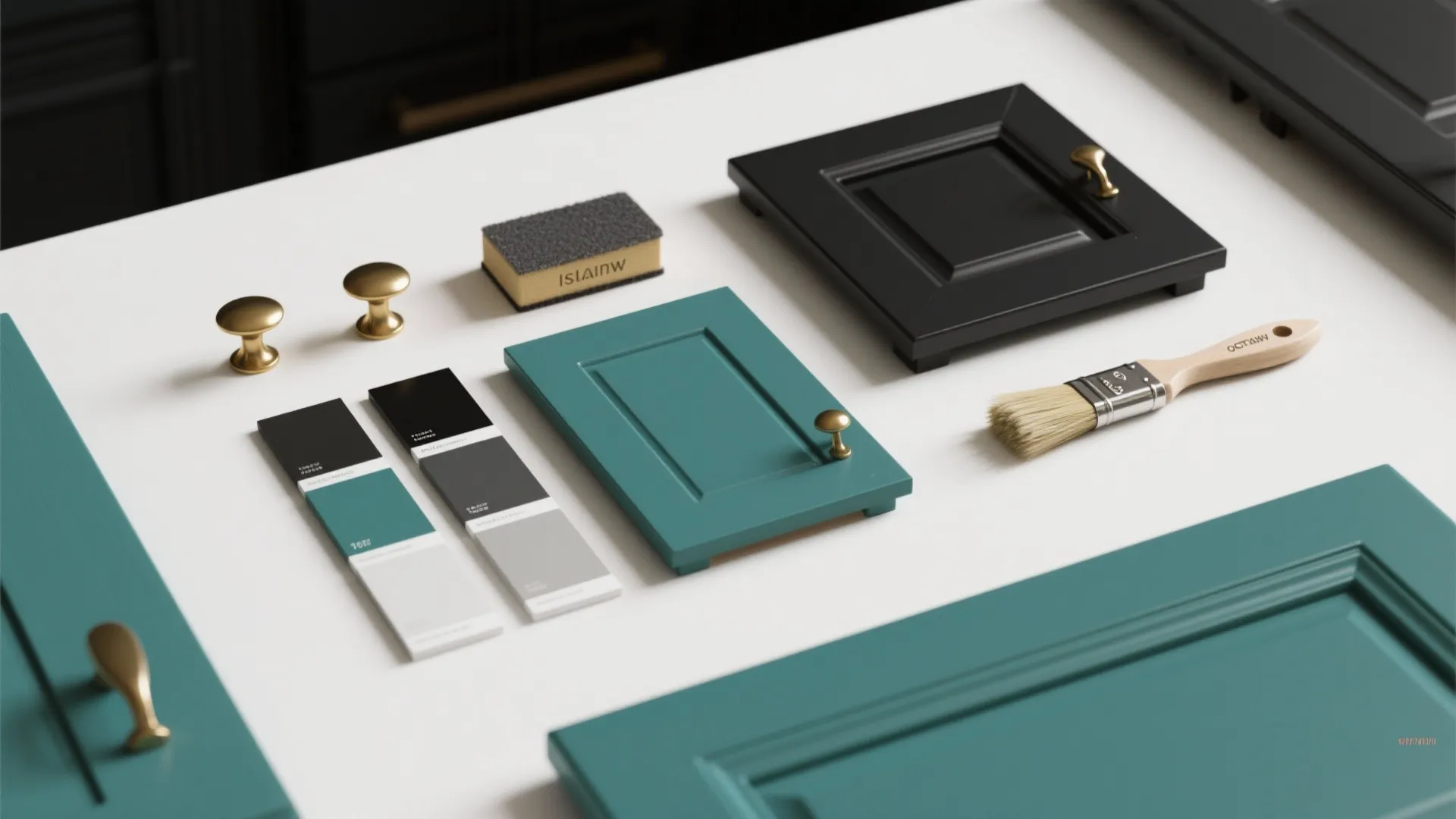 Cabinet paint color swatches and gold handles placed next to teal and black door samples