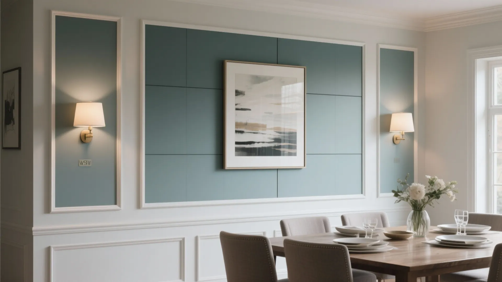 Dining room with blue wall panel design featuring white frames wall light and wooden table