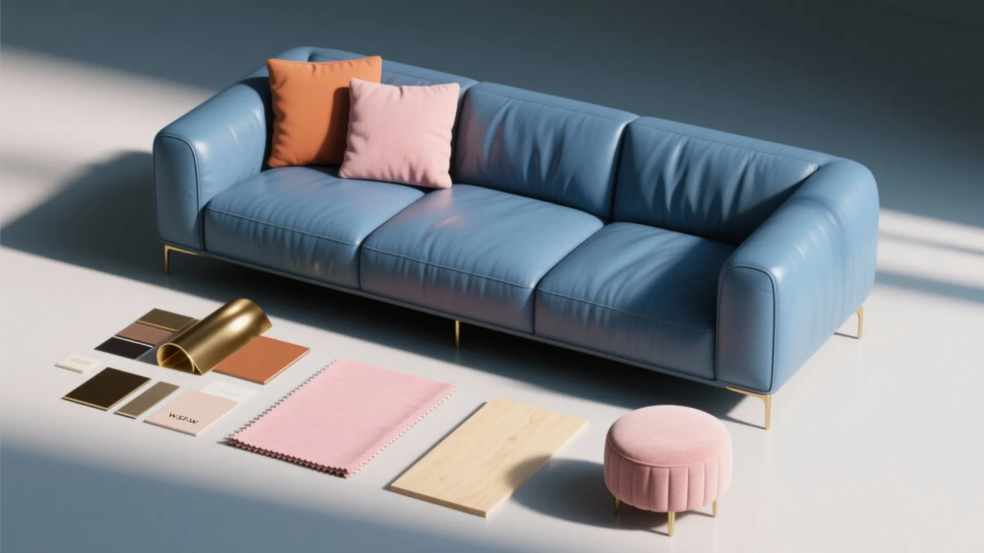 Blue leather sofa with pink pillows surrounded by material samples including fabric wood and metal