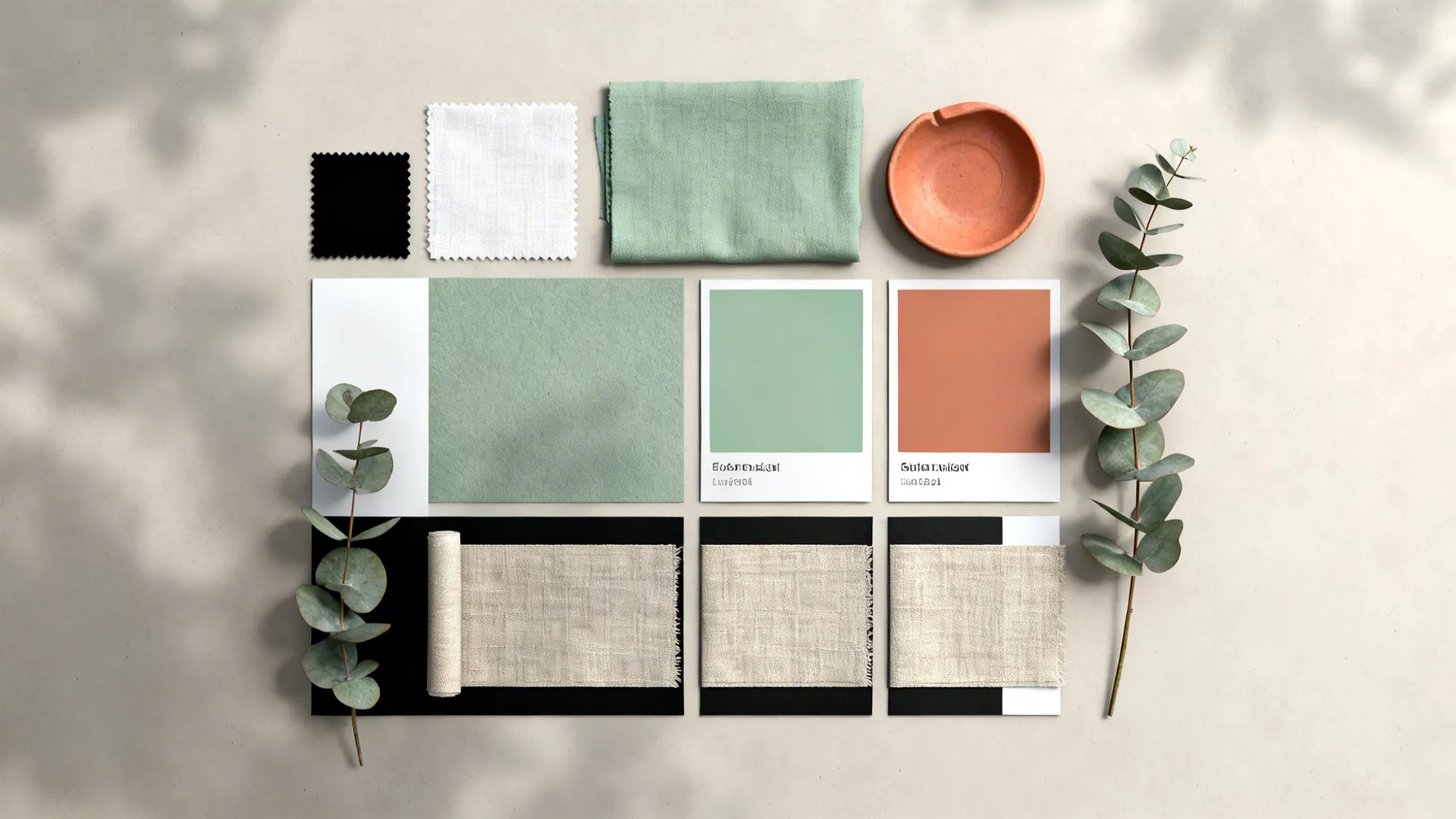 Flat lay with matte black, white fabric, sage swatches, terracotta chip, eucalyptus, and linen.