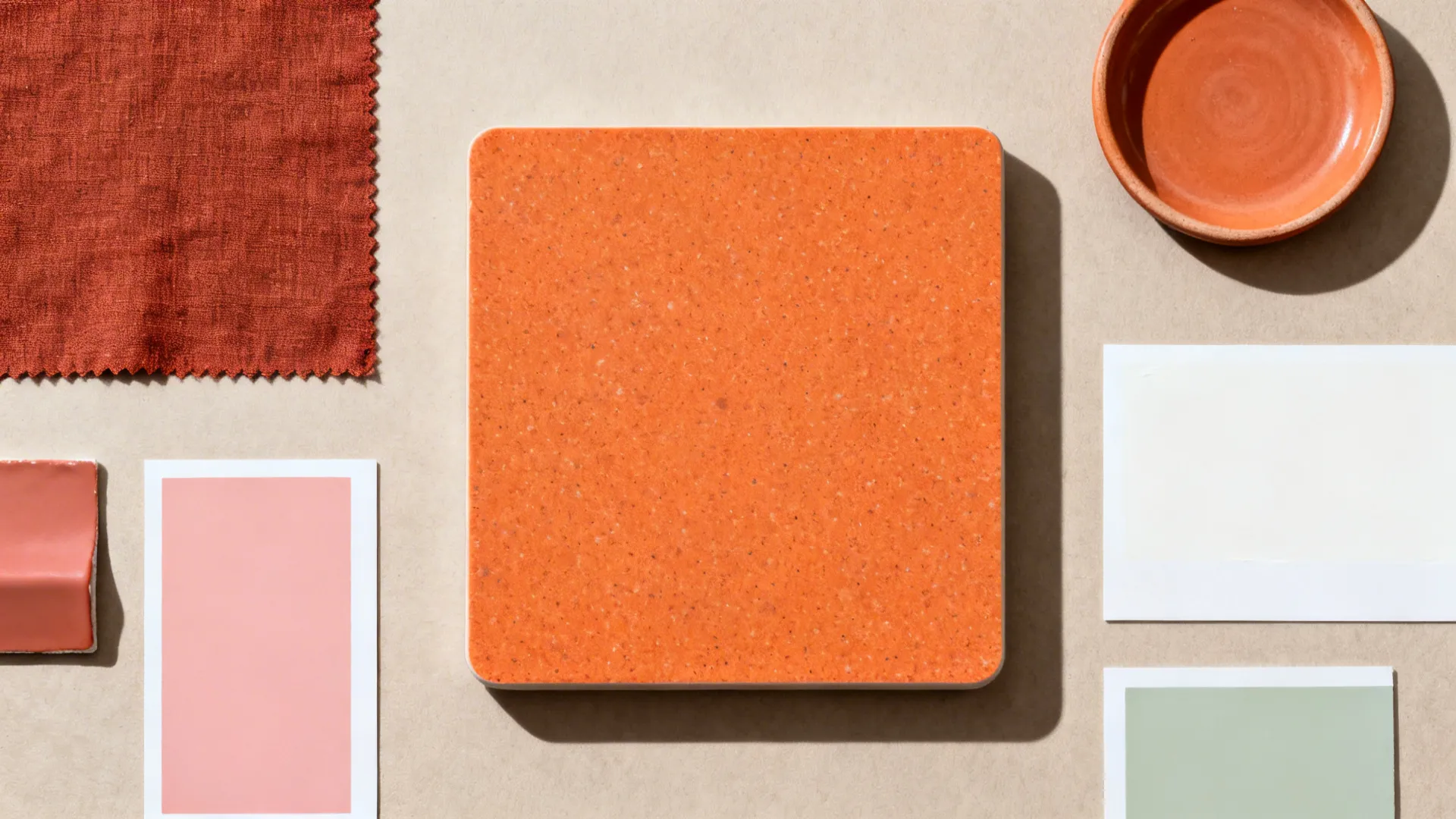 Top-down palette with orange sample and rust, terracotta, clay pink, warm white, and sage accents.