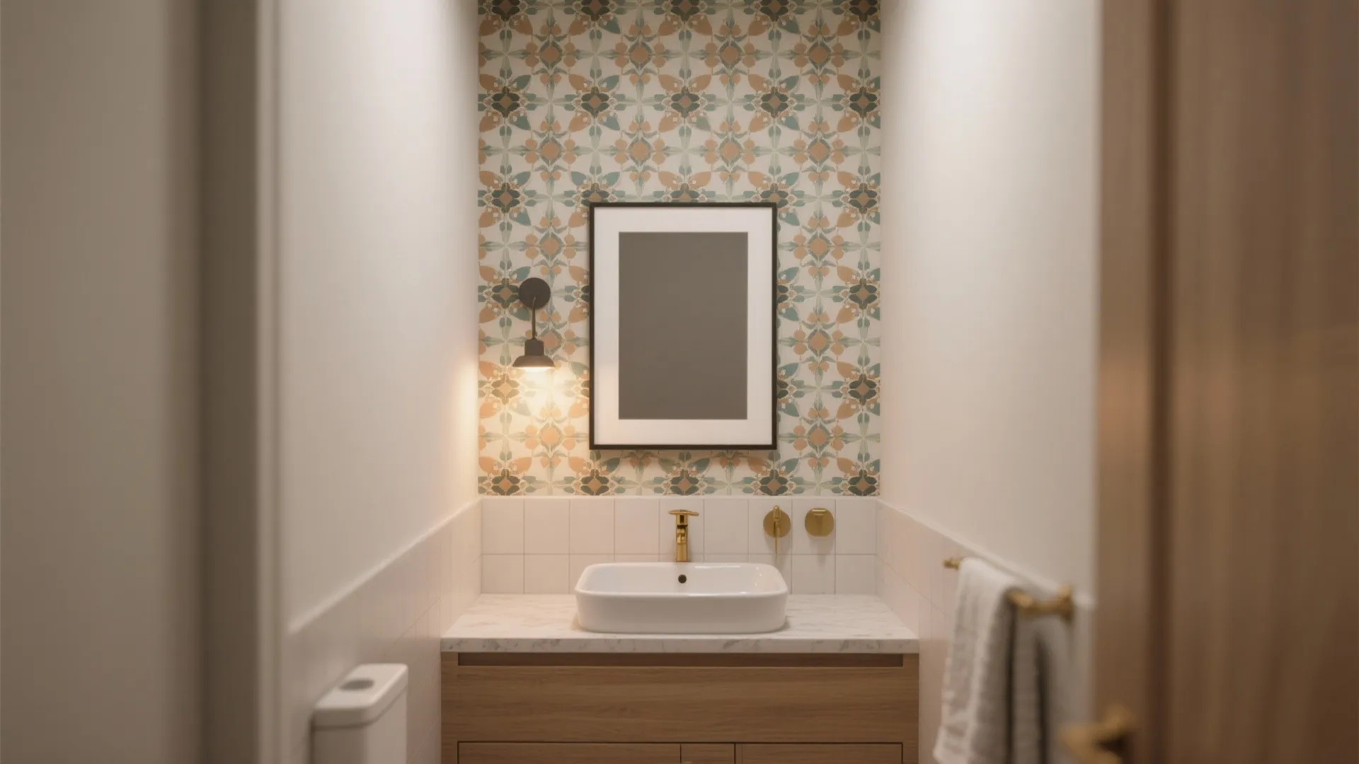 Small bathroom with patterned wallpaper above white tiles featuring a sink and a wooden cabinet