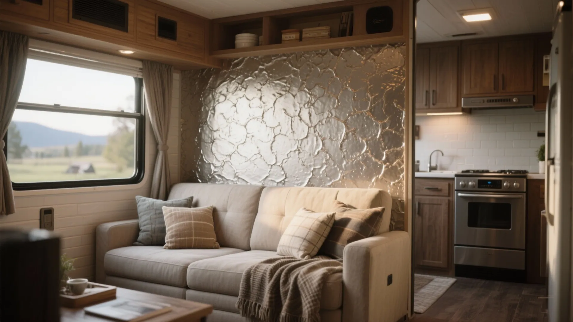 Modern small apartment living area with textured silver wall panel beige sofa and dark wood cabinets