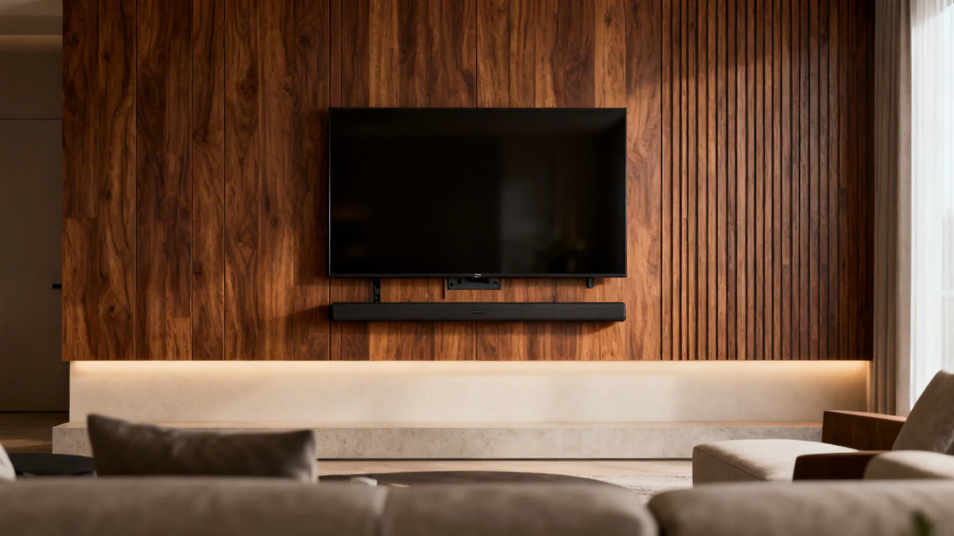 Wood accent panel behind a wall-mounted TV with a hidden mounting plate and soundbar