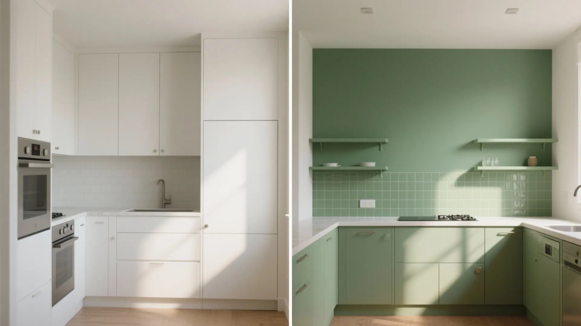 Before-and-after view comparing an accent green backsplash wall with full-room green paint in a small kitchen.