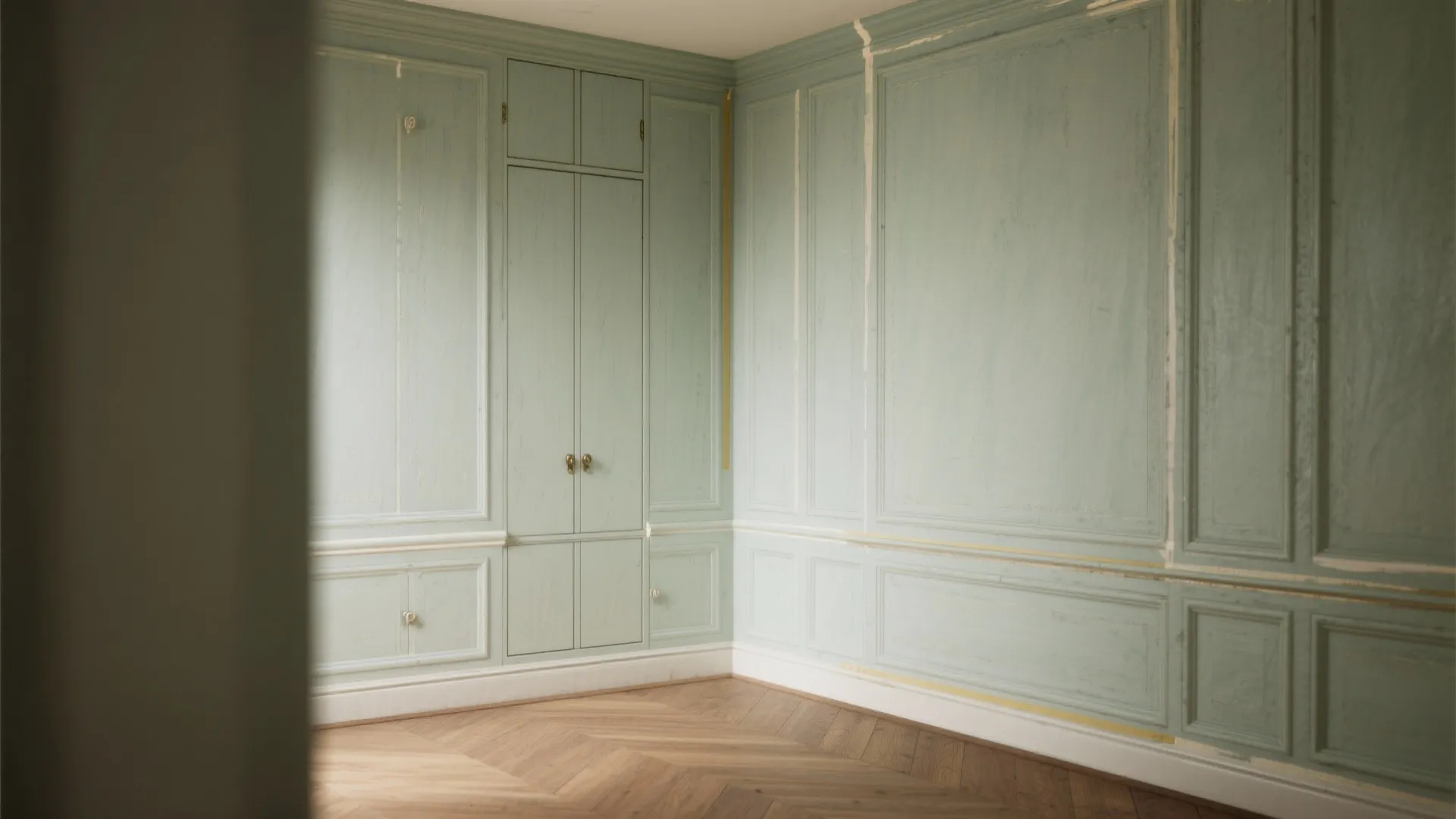 Light green wall panel design in empty room with wooden floor and built in cabinet