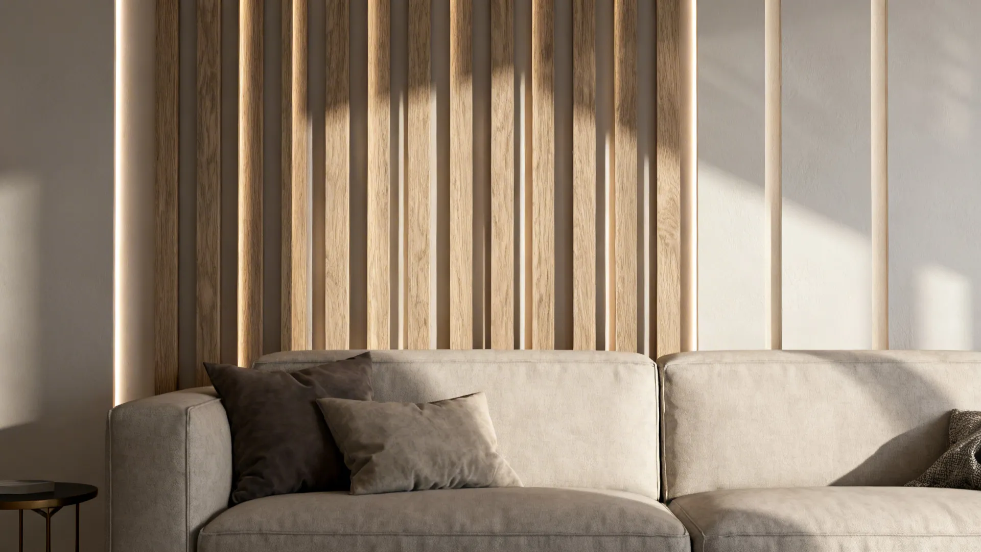 Long wall with vertical wooden slats accent paneling behind a sofa with subtle lighting.