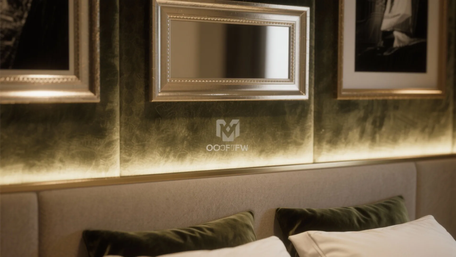 Green velvet wall panel with silver frame above bed featuring soft backlight and dark pillows