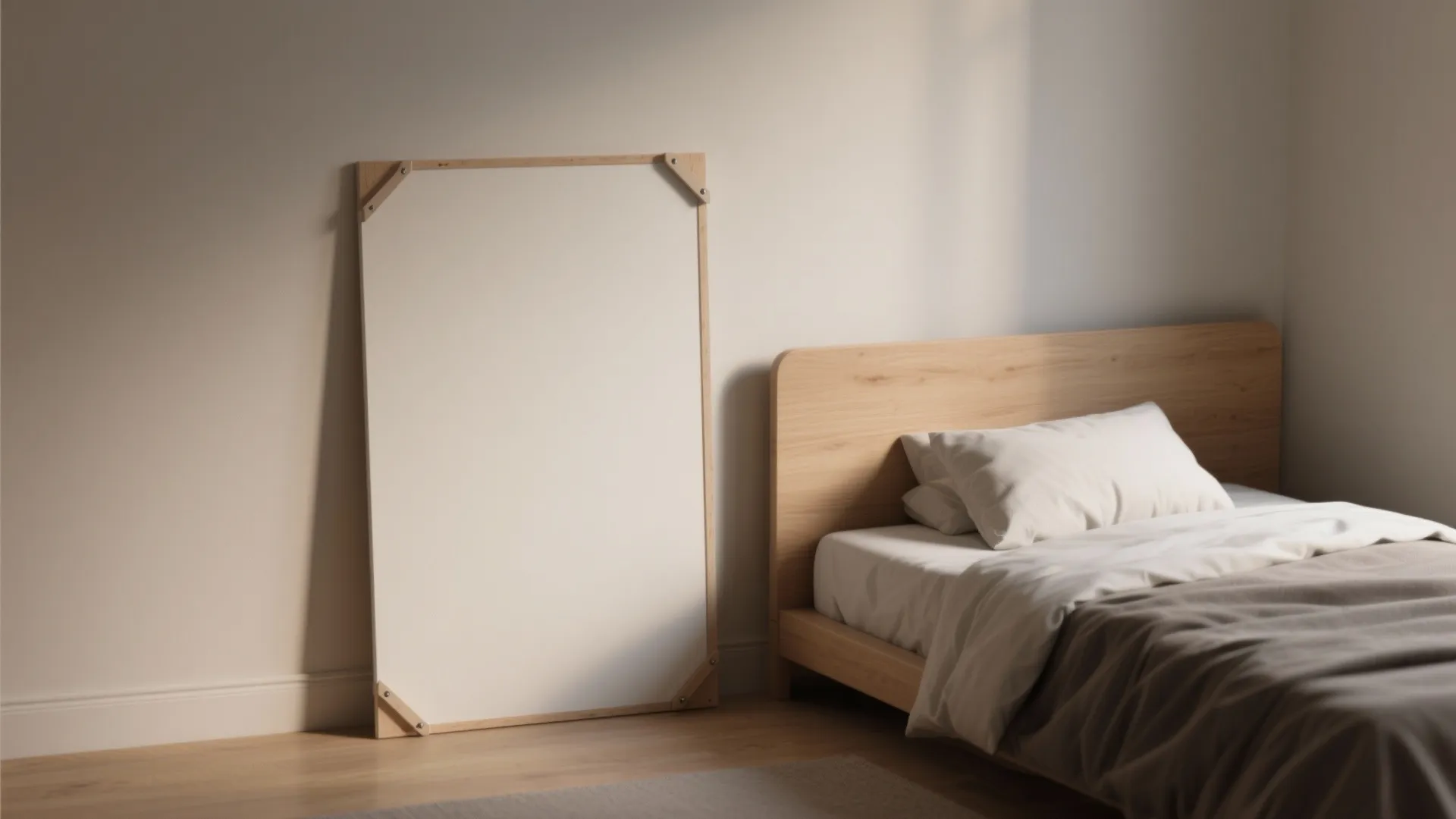 Large white wall panel leaning against the wall beside a wooden bed with white pillows