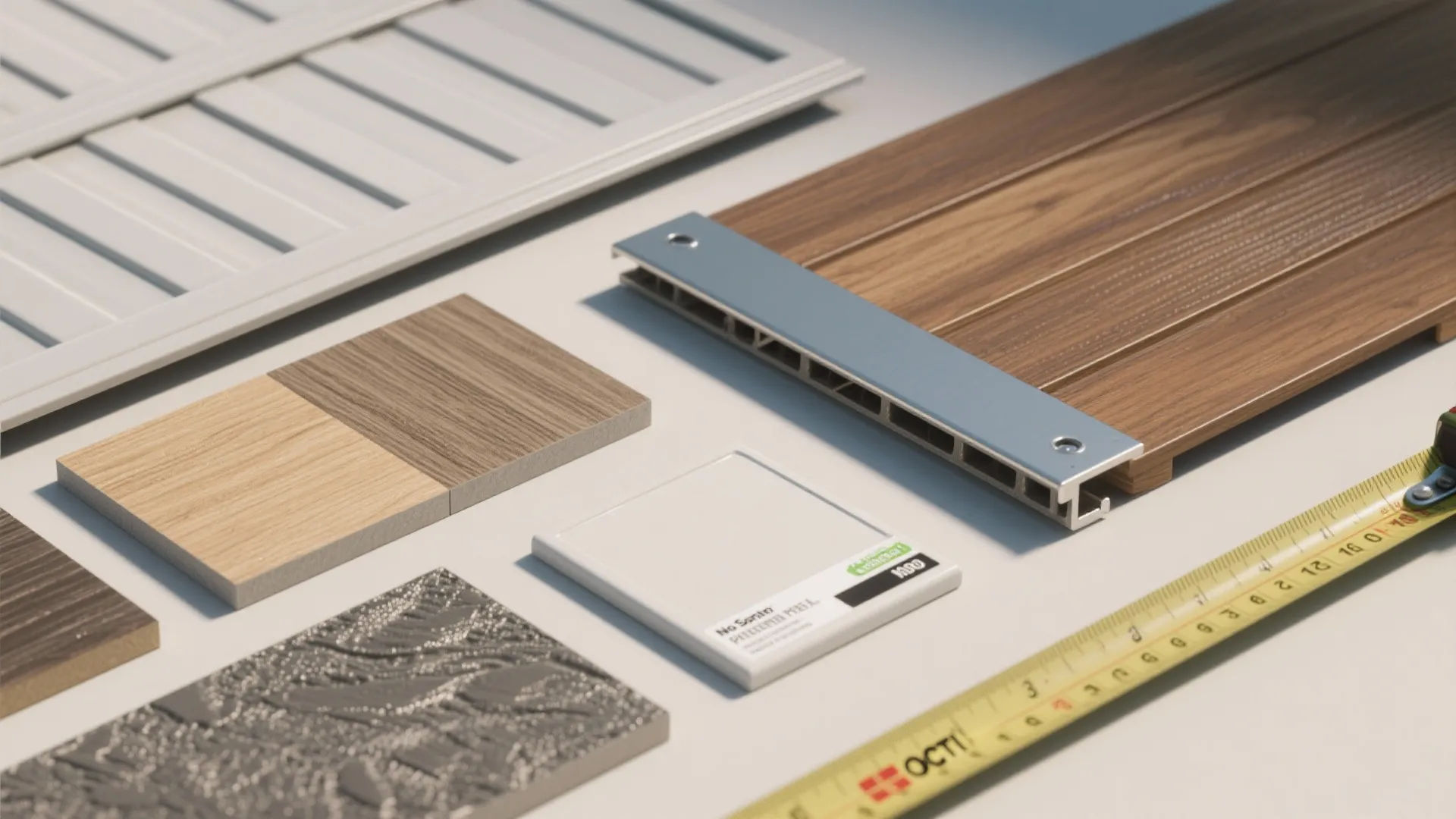 Various interior design material samples including wood floor wall panel tiles and a yellow tape measure