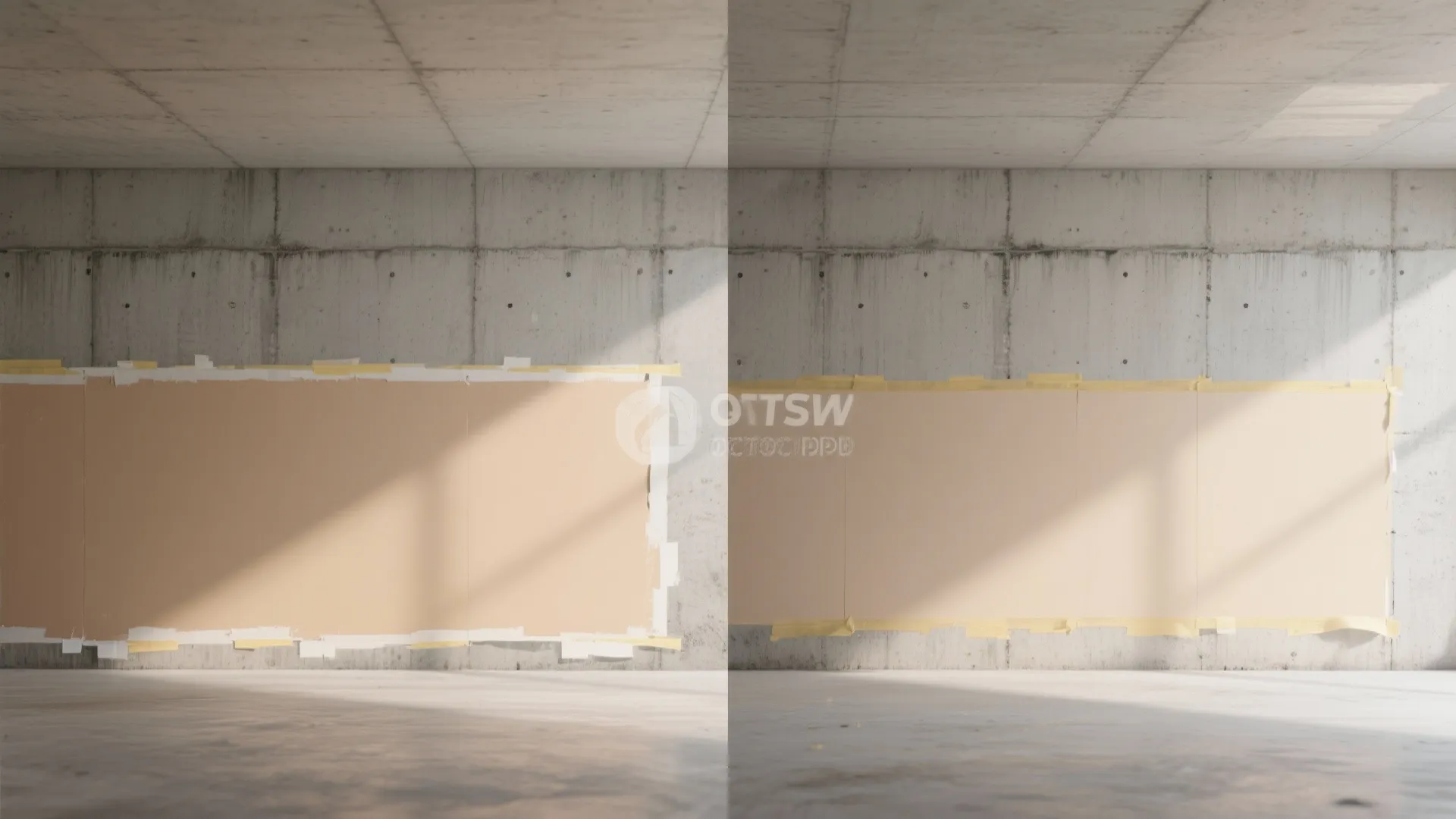 Comparison showing a rough concrete wall before and after applying a smooth beige wall panel