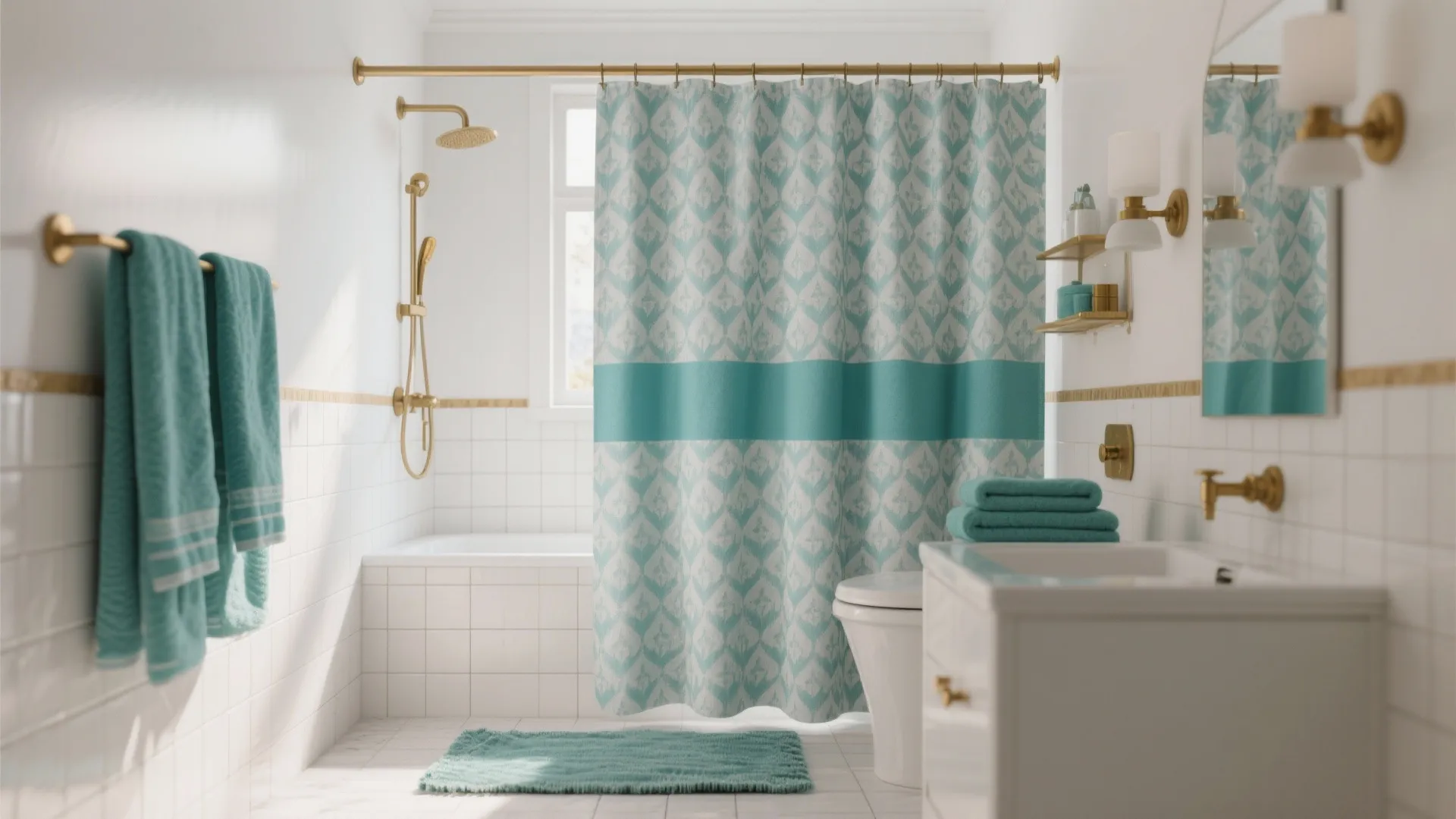 White bathroom with patterned blue curtain gold wall light fixture and matching blue towels display