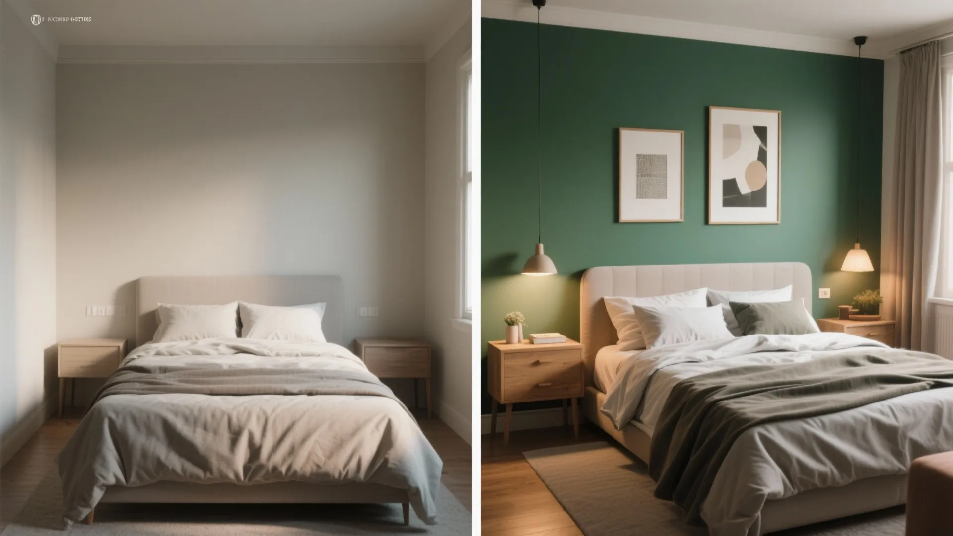 Before and after comparison of a plain bedroom transformed with a dark green accent wall