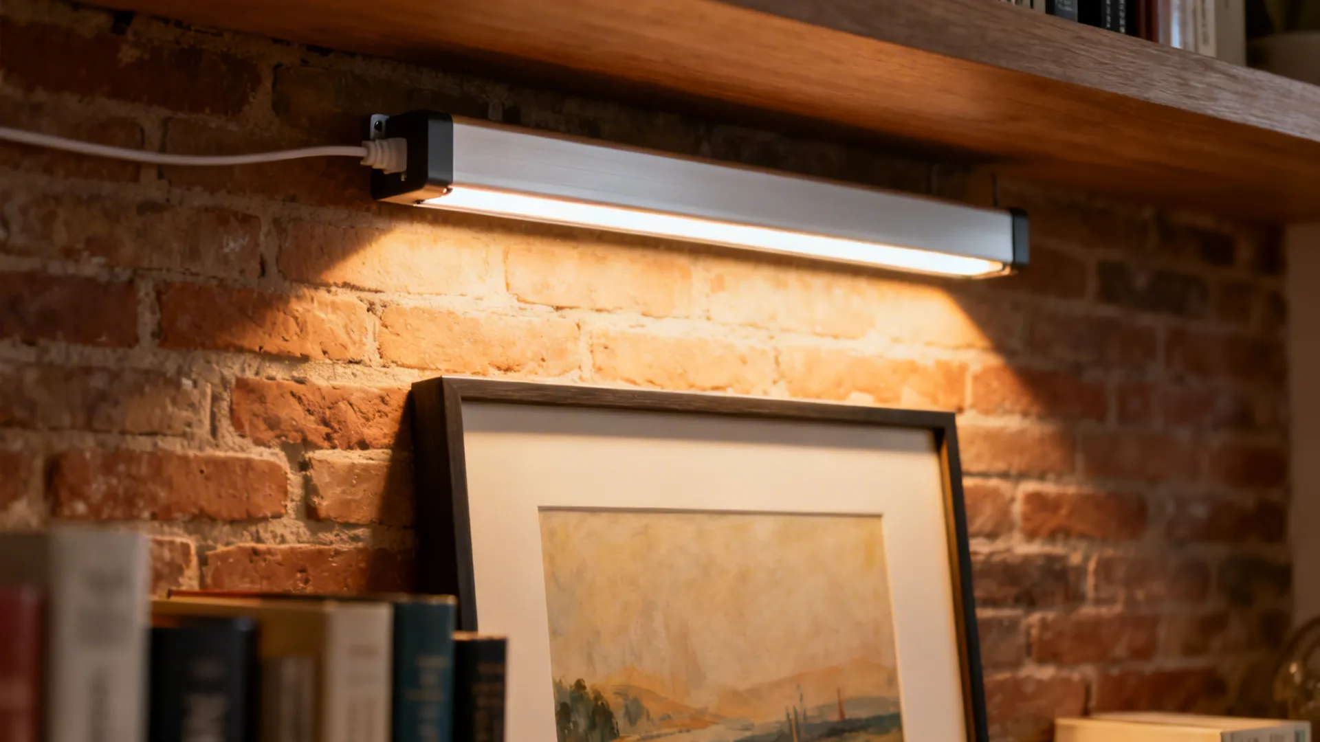 LED strip in an aluminum channel and a slim picture light add accent depth on shelves and art.