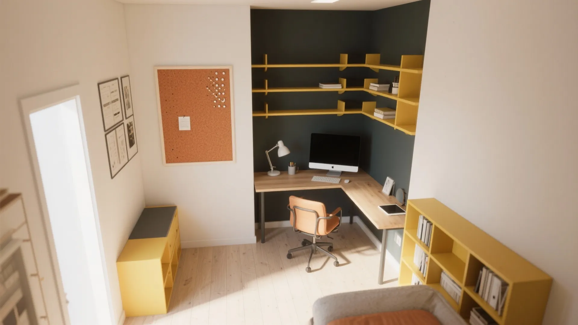 Home office with yellow corner shelves dark green walls wooden desk orange chair and corkboard