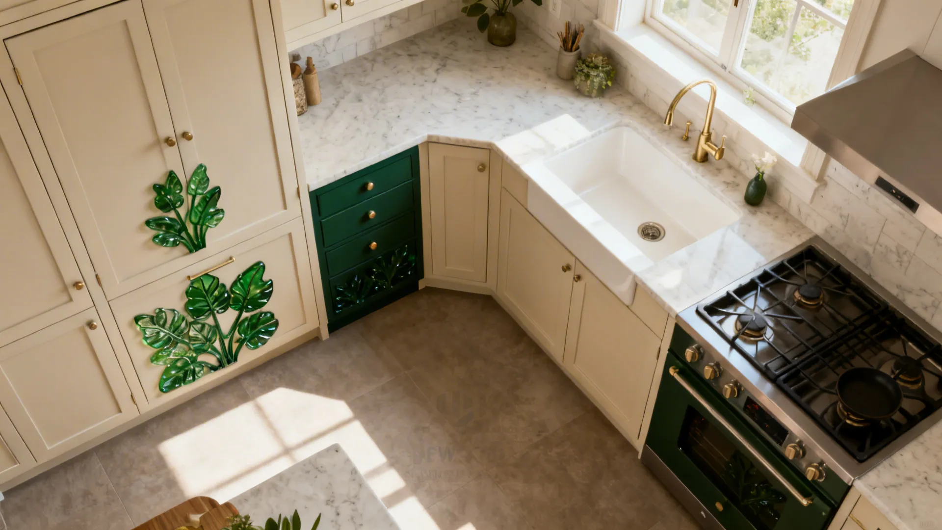 Bold botanical accents only on select cupboards