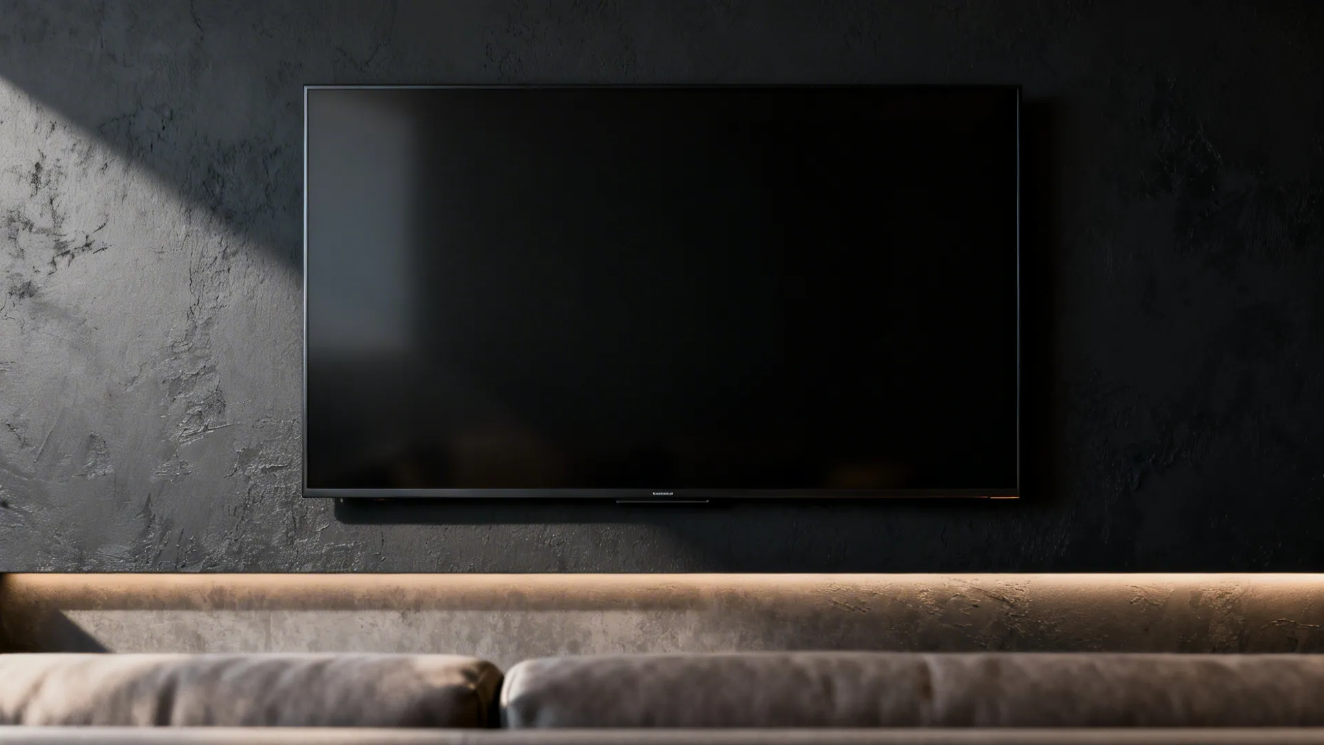 TV wall with matte dark accent paint or textured plaster to reduce glare