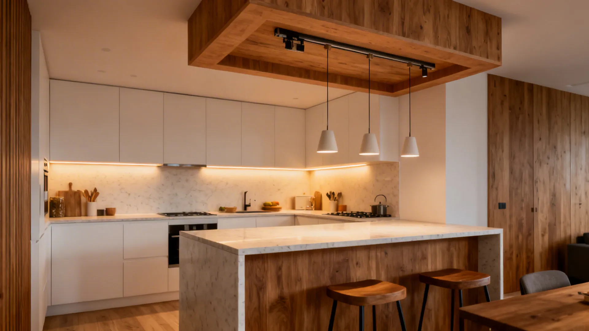 Small kitchen peninsula with a slim ceiling plus box aligning minimalist pendants.