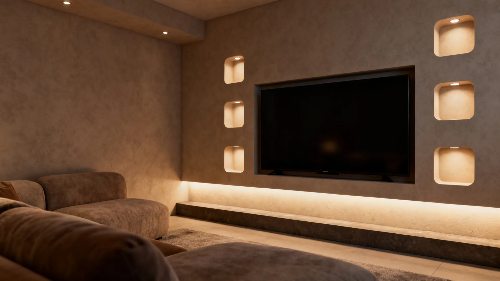 Media wall with dimmable accent pods around a recessed TV creating a cinematic atmosphere.