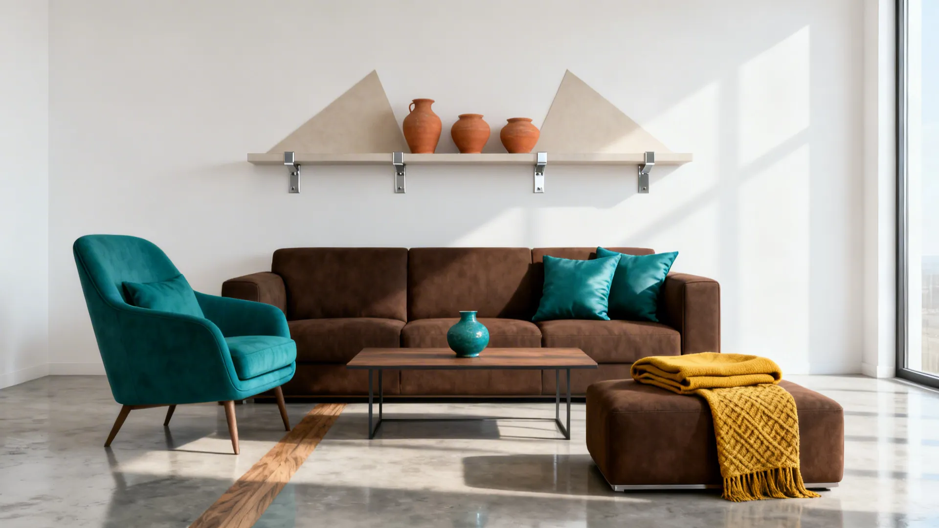 Modern brown living room with a teal armchair and repeating teal accents among warm neutrals