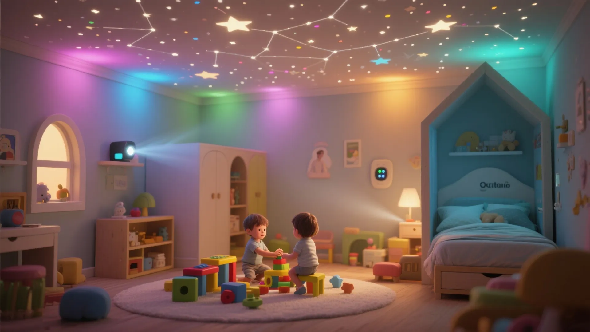 Kids' room with a constellation projector and color-change LEDs creating playful ceiling patterns