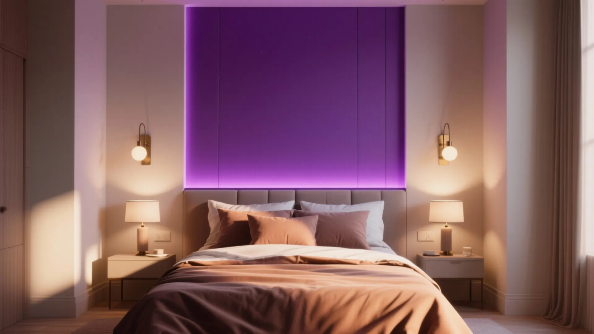 Interior showing a single rich purple accent wall behind a sofa with warm bedding and layered lighting.