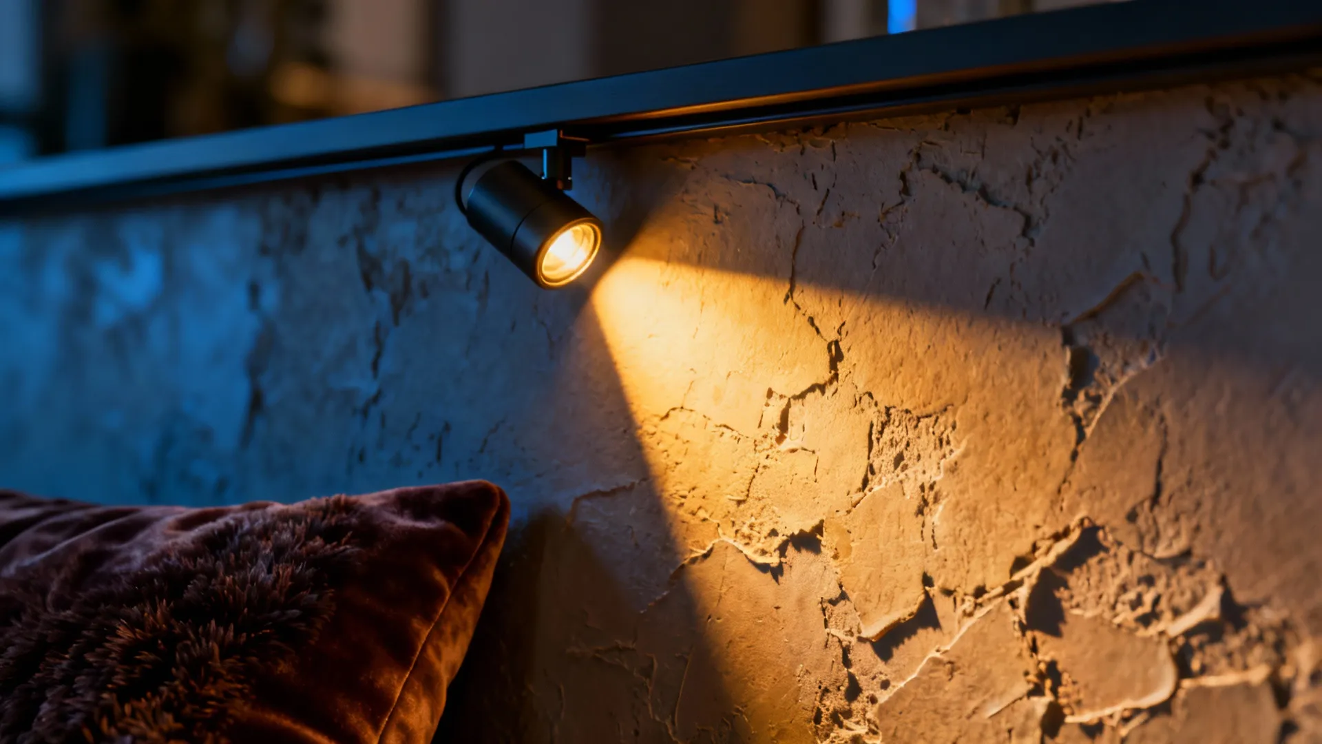 Tiltable spot casting a narrow beam that sculpts shadows on textured plaster and velvet upholstery.