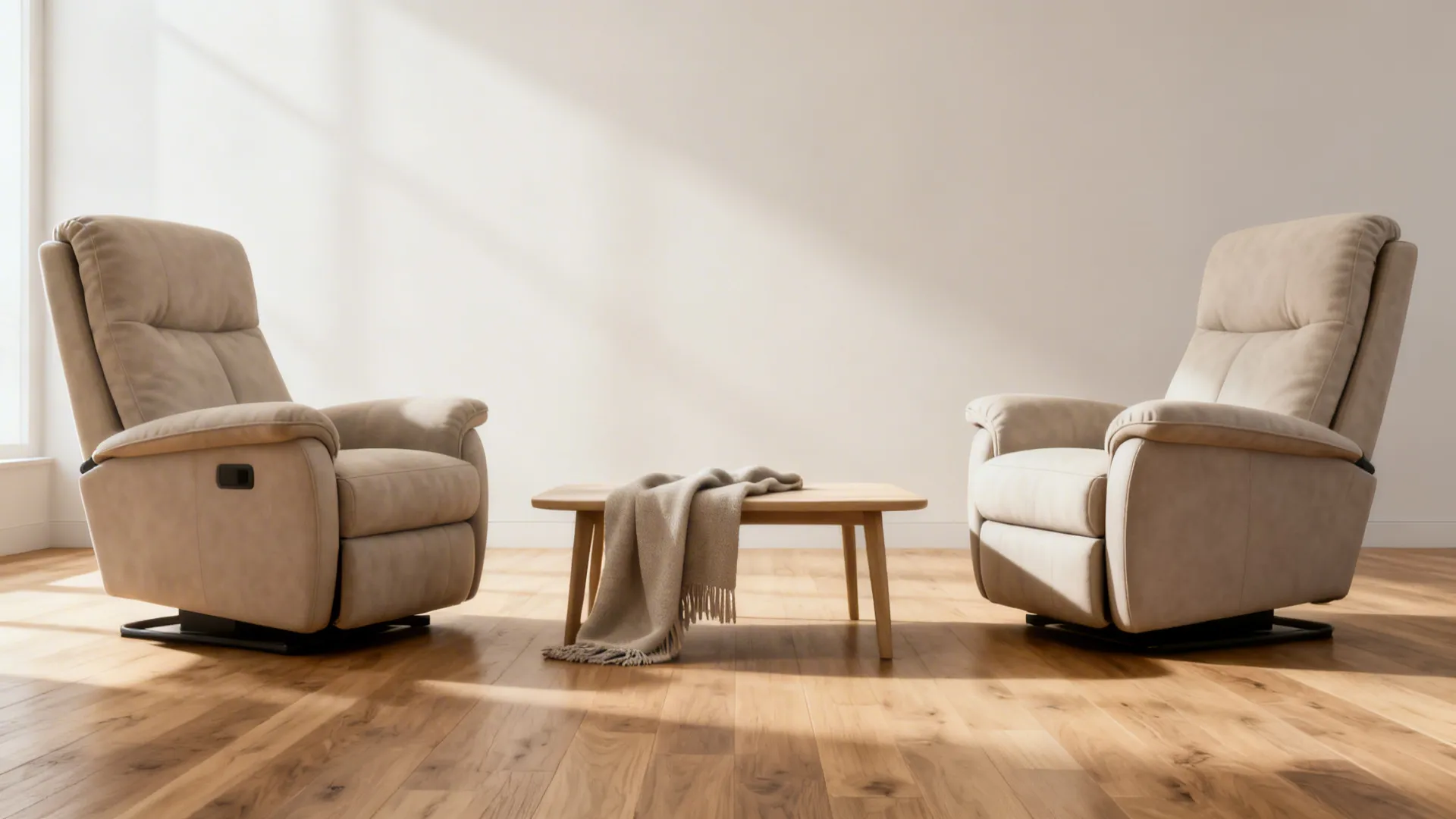Two accent recliner chairs arranged around a coffee table with a shared throw for cohesion.