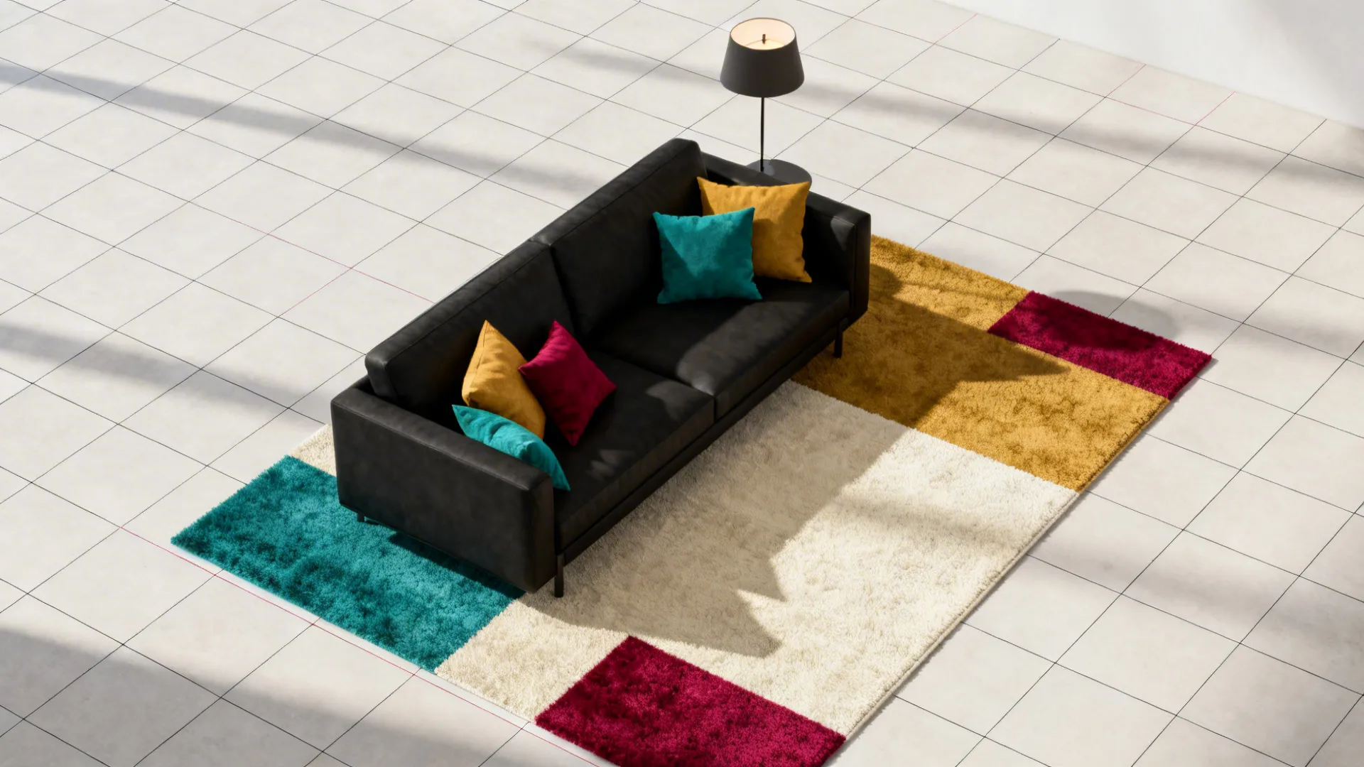 Top-down mockup showing accent color repeated in cushions and lamp around a black sofa.