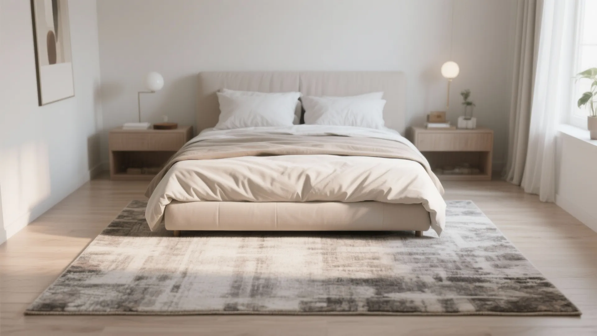 Minimalist bedroom featuring a large pattern rug under a beige bed with two side tables