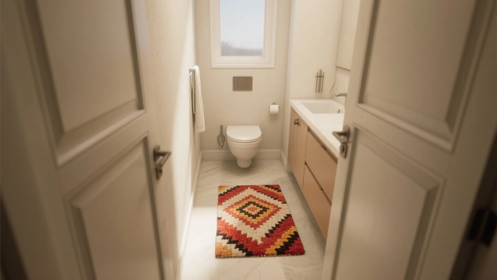 Narrow modern bathroom with white toilet wood cabinet colorful patterned rug and small bright window