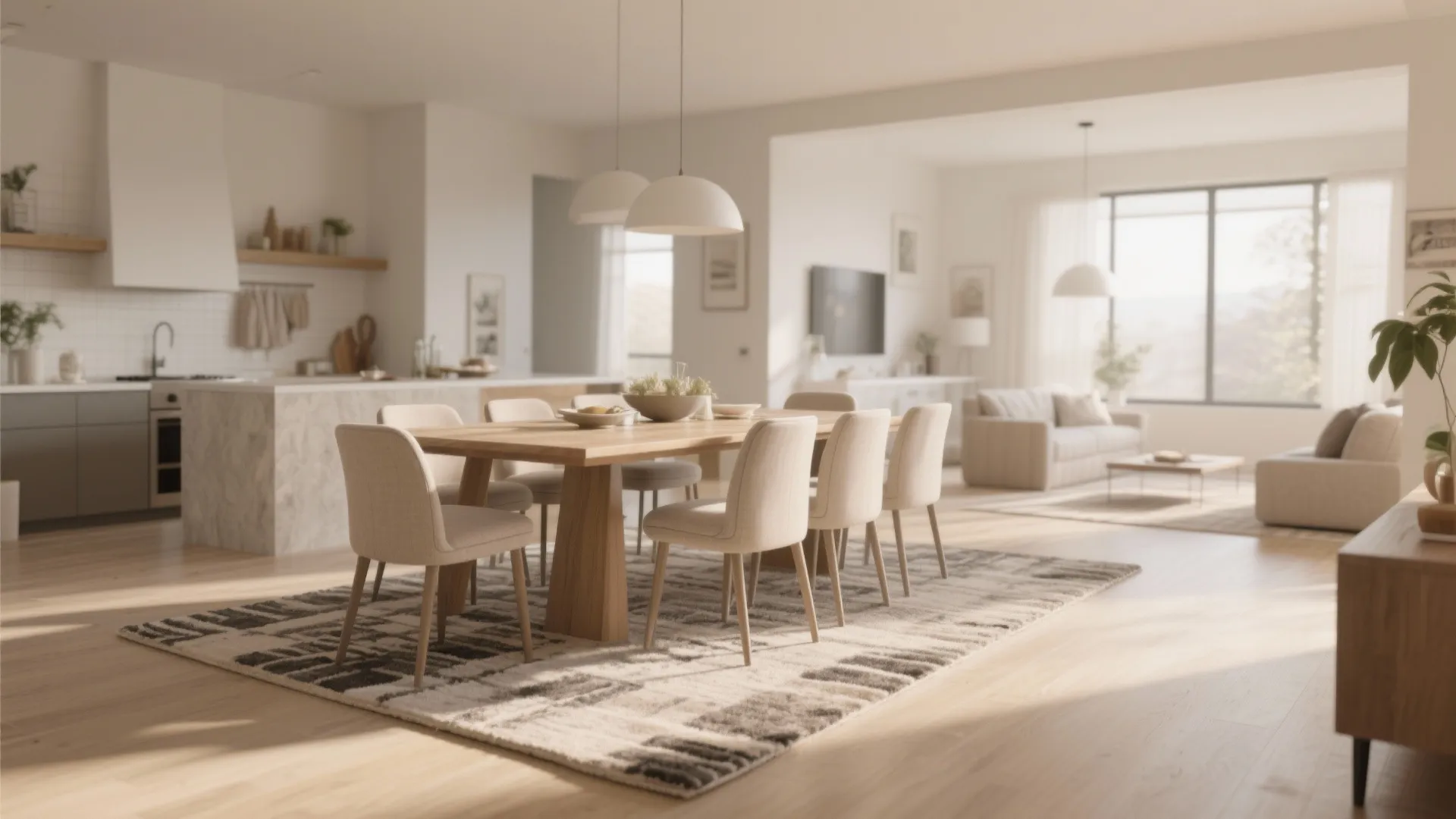 Dining area in open-plan home with low-pile neutral rug