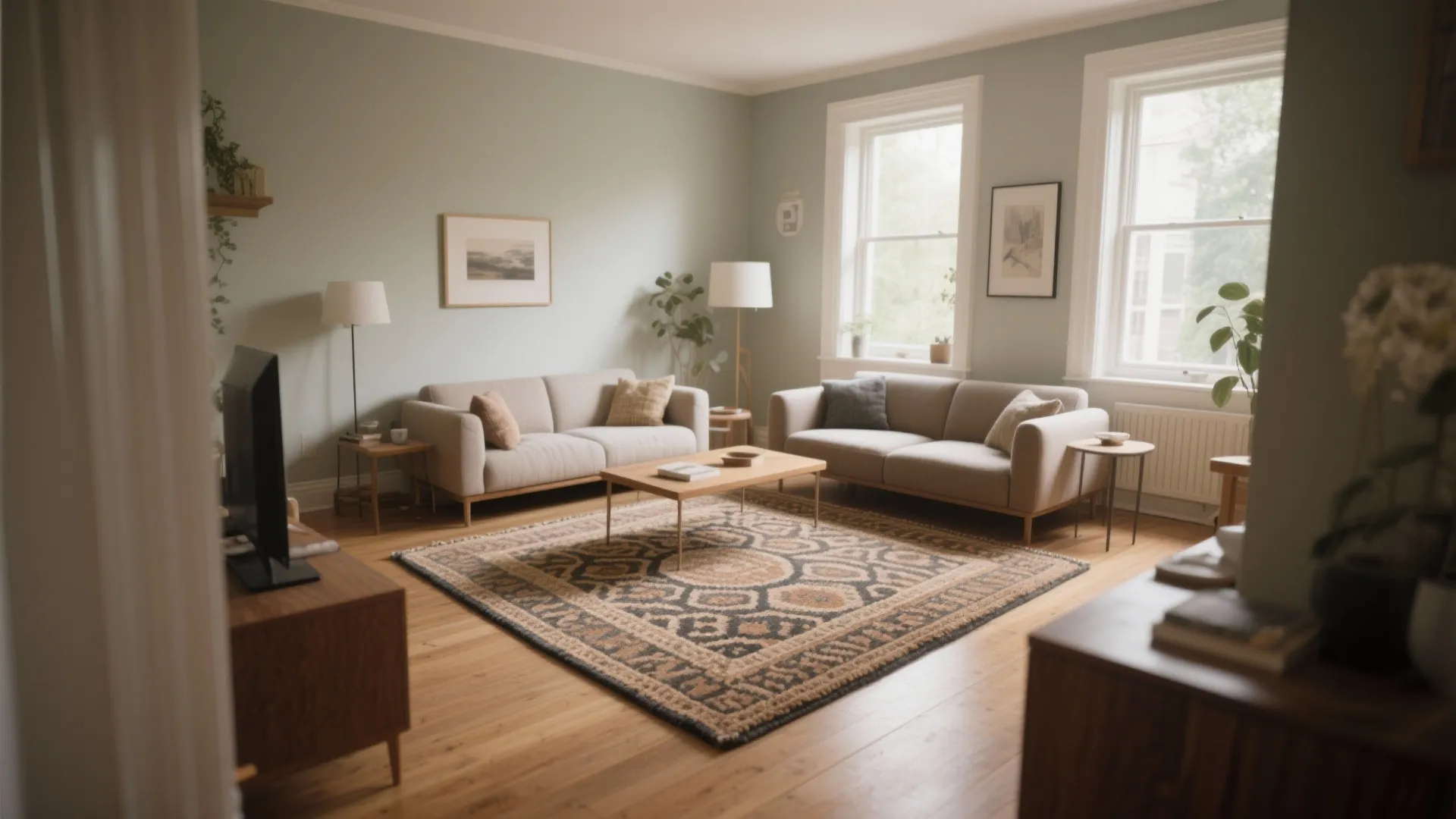 Spacious living room featuring green walls two light grey sofas and a large patterned rug