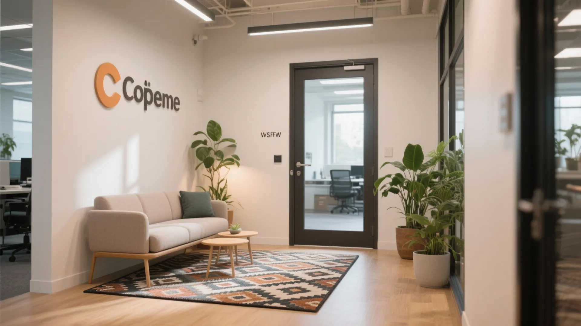 Office entryway with patterned accent rug and plants