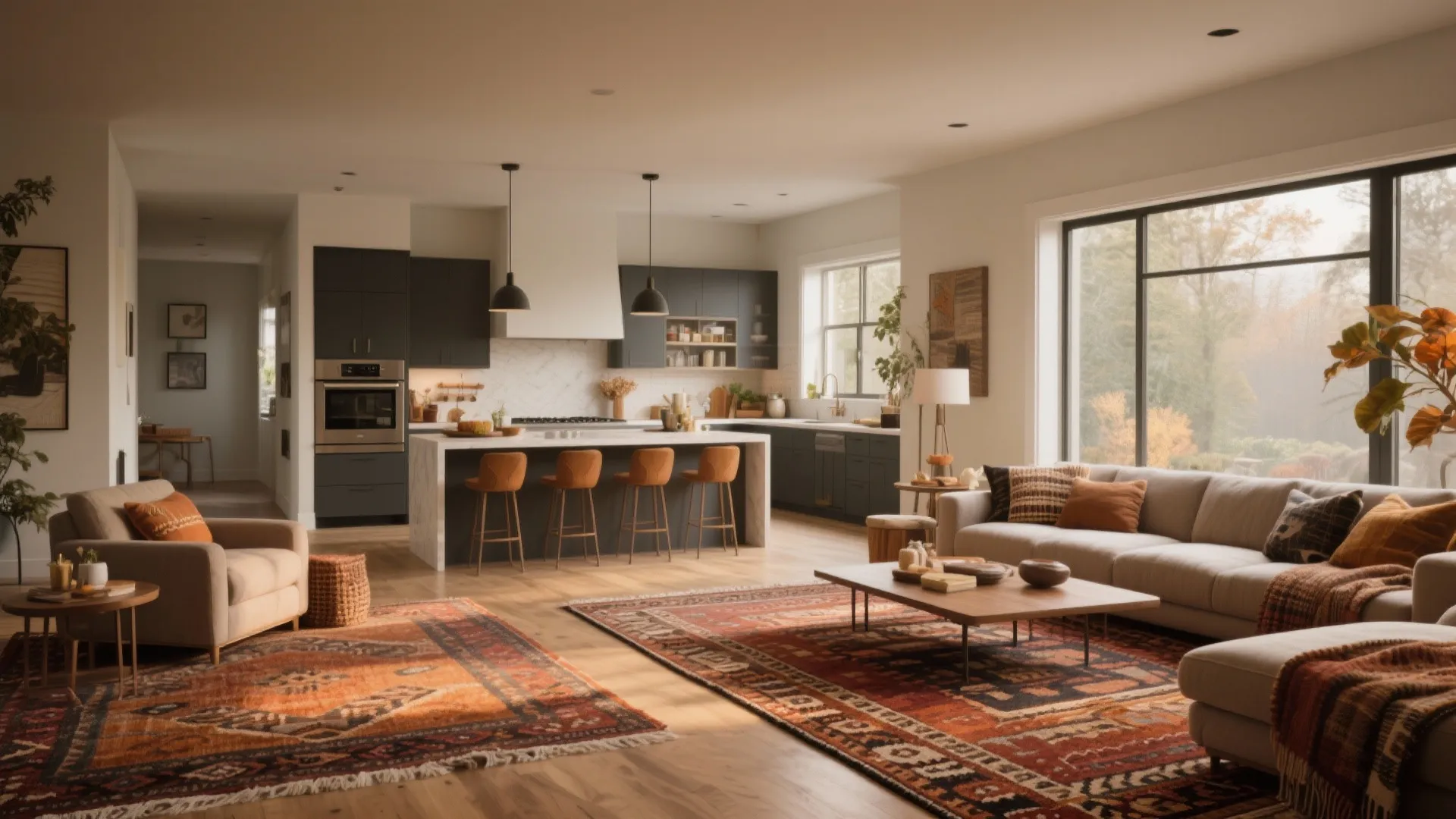 Modern open plan living room with dark kitchen cabinets patterned rugs beige sofa and windows