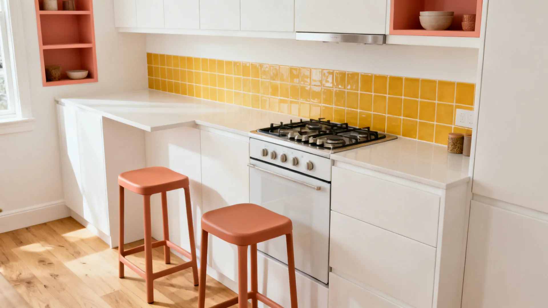 Compact kitchen with a saffron backsplash strip, coral shelves, and terracotta stools on a warm white base.