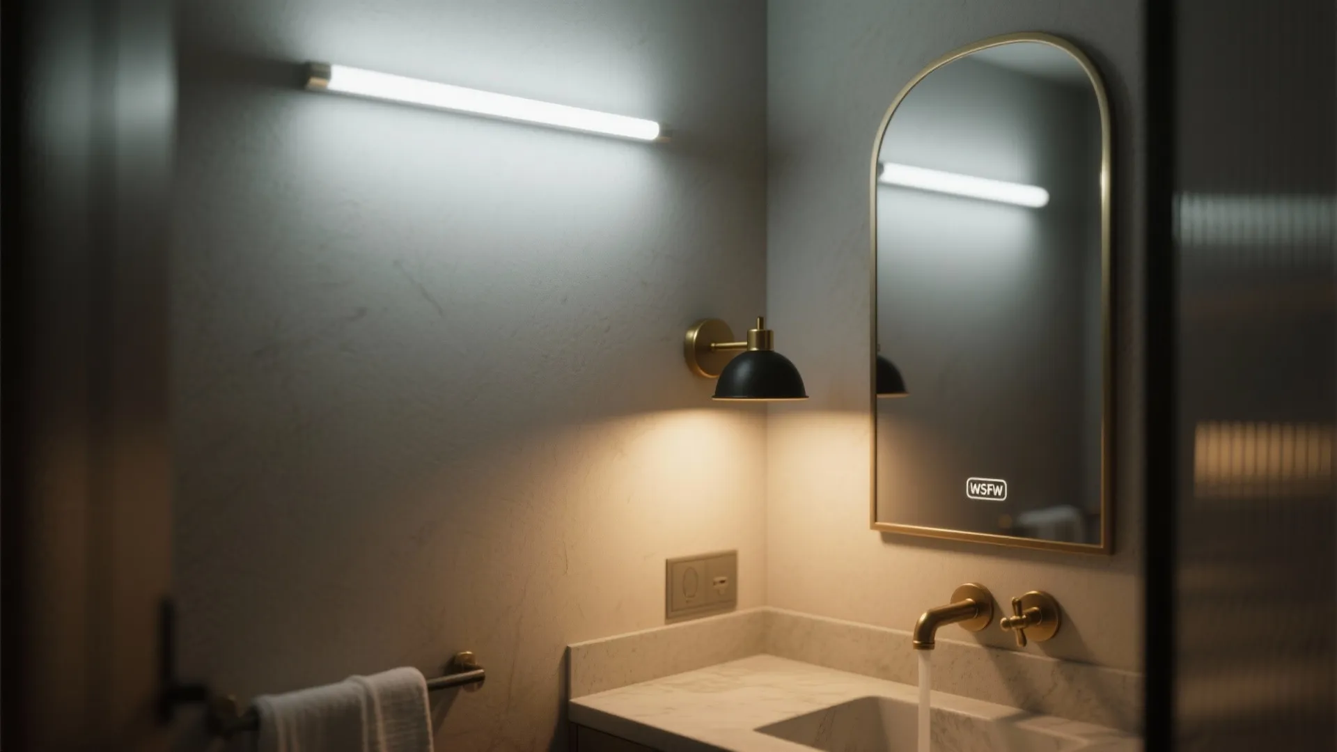 Modern bathroom vanity with marble countertop, gold faucet, arched mirror, and black wall light fixture
