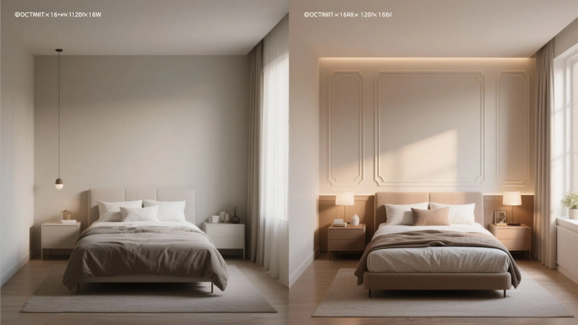 Before and after comparison of bedroom wall panel design with warm lighting and beige bedding
